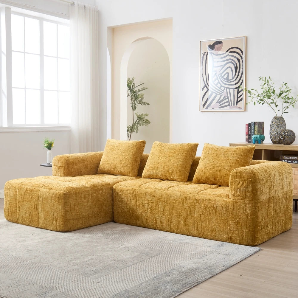 Canapé d'angle 3 places 250x158x60 cm – Chenille jaune, méridienne, accoudoirs, 3 coussins, poche latérale