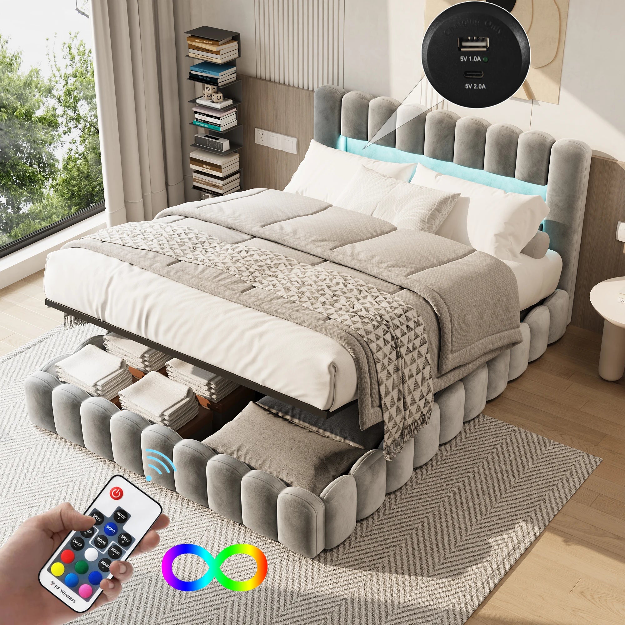 Lit rembourré double avec tête de lit LED et port USB – Matelas non inclus, sommier intégré