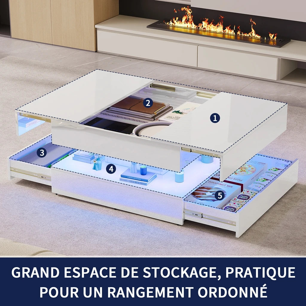 Table basse LED rectangulaire avec 2 tiroirs – Haut brillant, blanc ou noir, pour salon et chambre