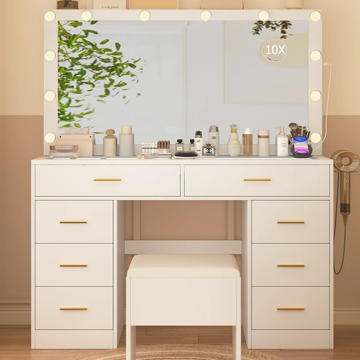 Coiffeuse avec miroir LED réglable et prise intégrée – 7 tiroirs, 110x40 cm, blanche