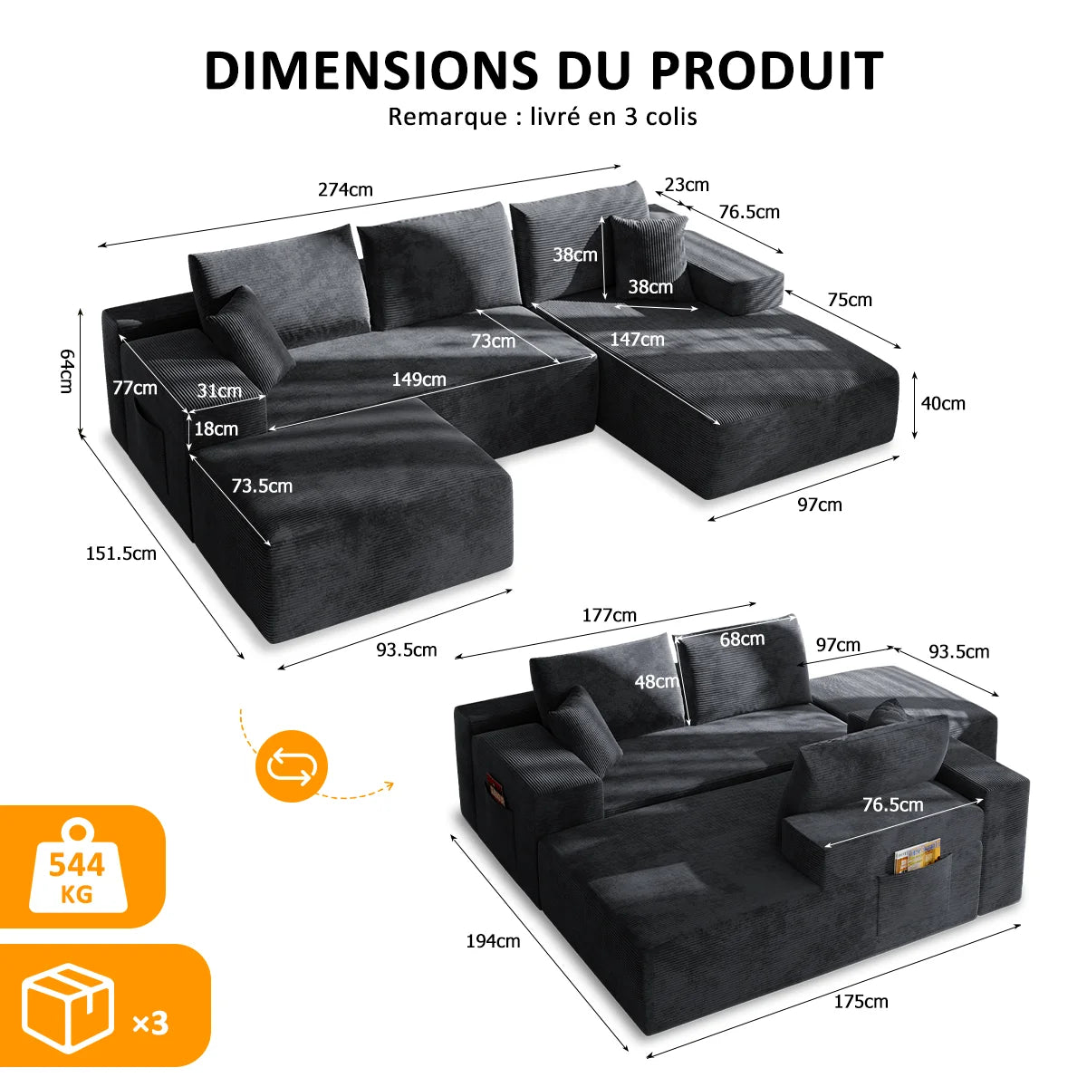 Canapé d'angle réglable 4 places – Canapé-lit pliable multifonction, sans cadre, pour salon et chambre