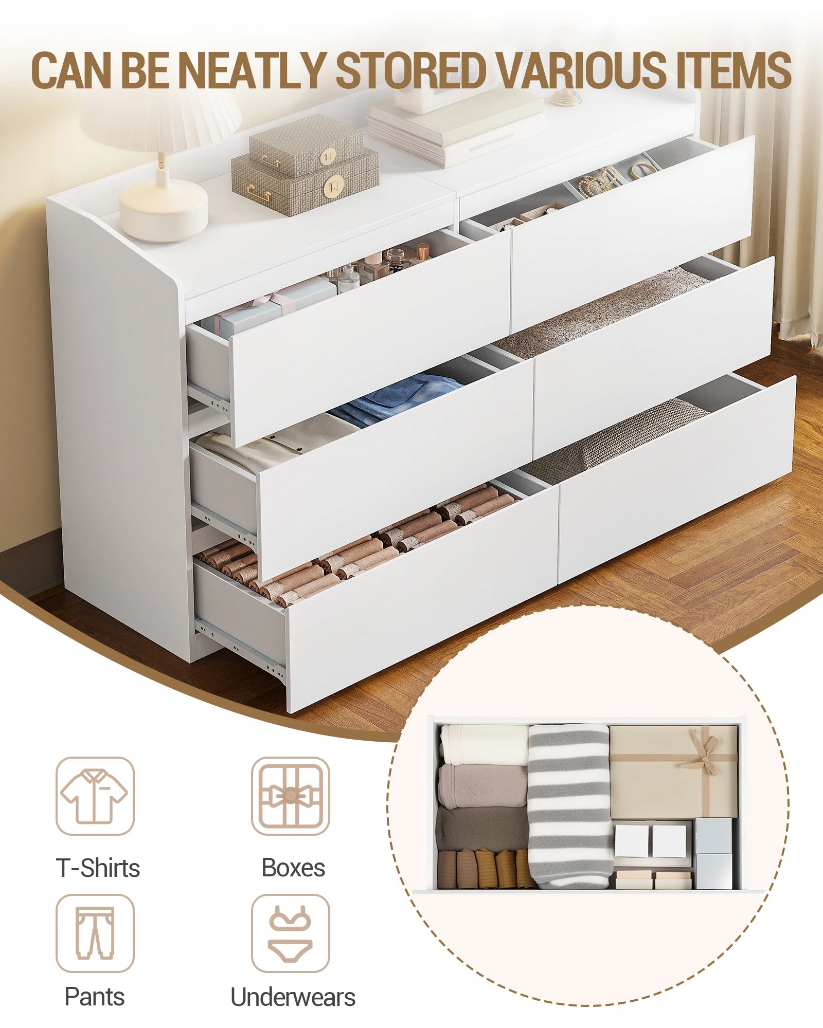 Commode Hzuaneri 6 tiroirs – Meuble de rangement avec plan de travail, style moderne, chambre et salon