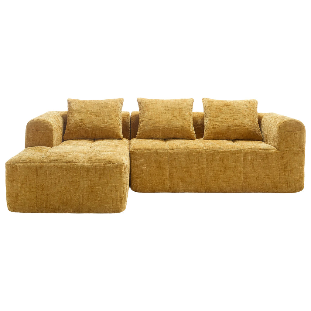 Canapé d'angle 3 places 250x158x60 cm – Chenille jaune, méridienne, accoudoirs, 3 coussins, poche latérale
