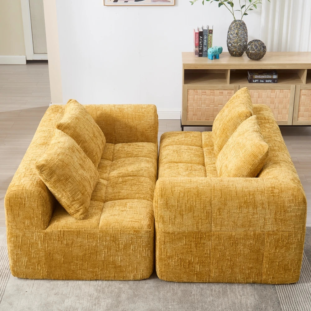 Canapé d'angle 3 places 250x158x60 cm – Chenille jaune, méridienne, accoudoirs, 3 coussins, poche latérale