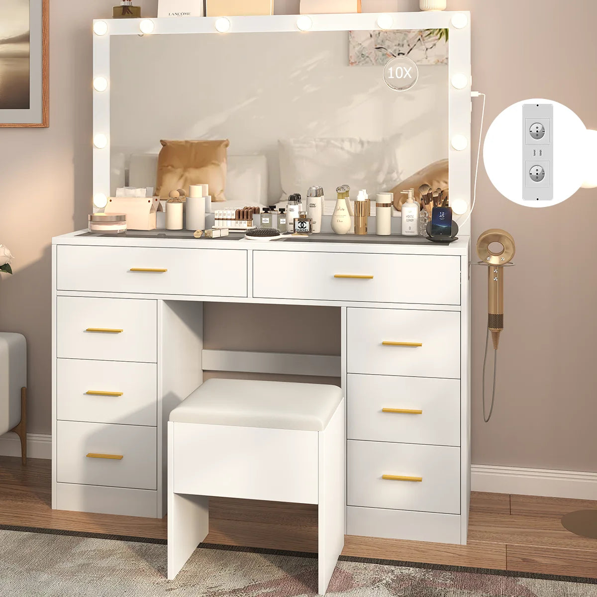 Coiffeuse avec miroir LED réglable et prise intégrée – 7 tiroirs, 110x40 cm, blanche