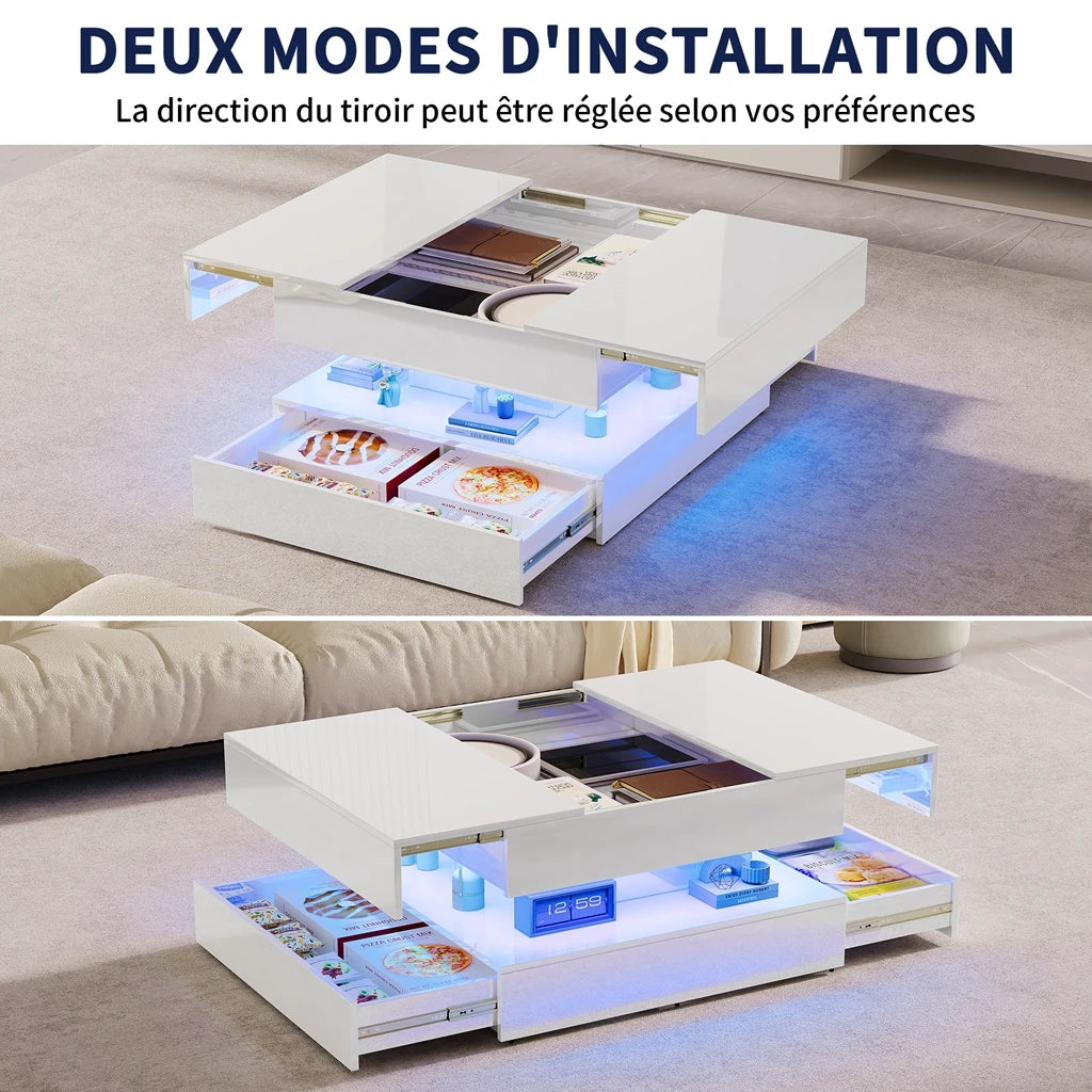 Table basse LED rectangulaire avec 2 tiroirs – Haut brillant, blanc ou noir, pour salon et chambre
