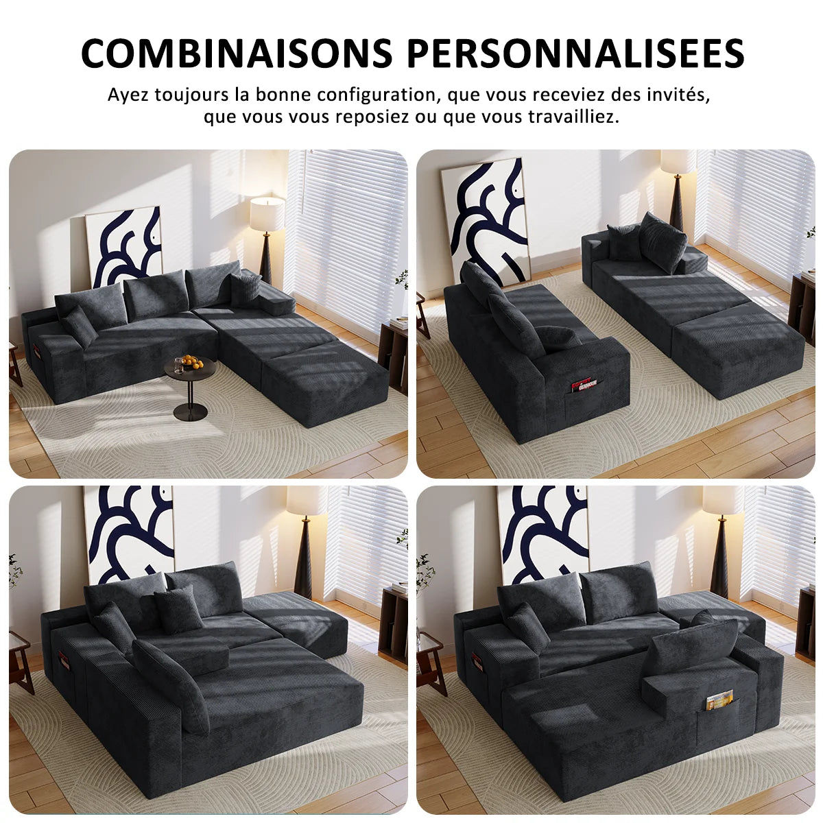 Sofá esquinero ajustable de 4 plazas comprimible – Sin marco, multifunción, sofá cama modular para salón y dormitorio
