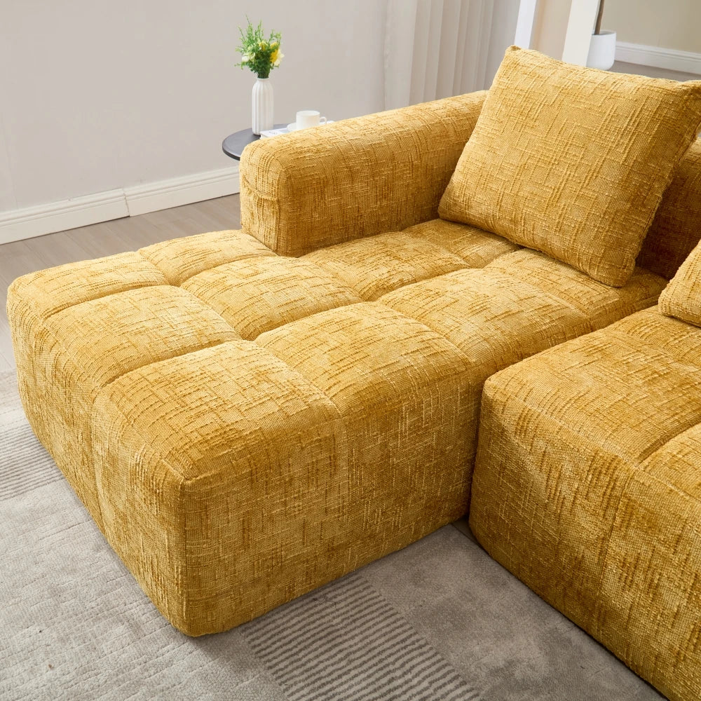 Canapé d'angle 3 places 250x158x60 cm – Chenille jaune, méridienne, accoudoirs, 3 coussins, poche latérale