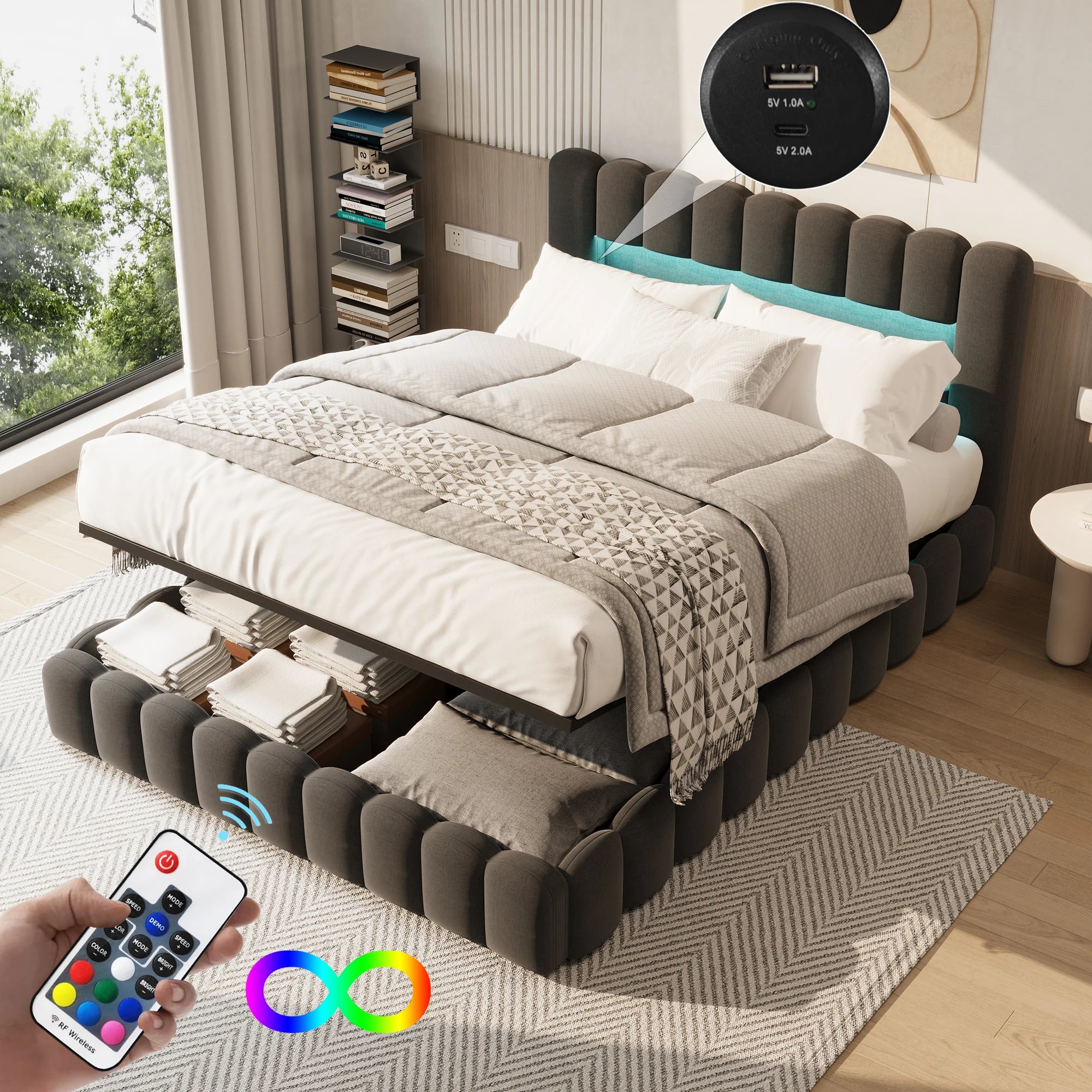 Lit rembourré double avec tête de lit LED et port USB – Matelas non inclus, sommier intégré