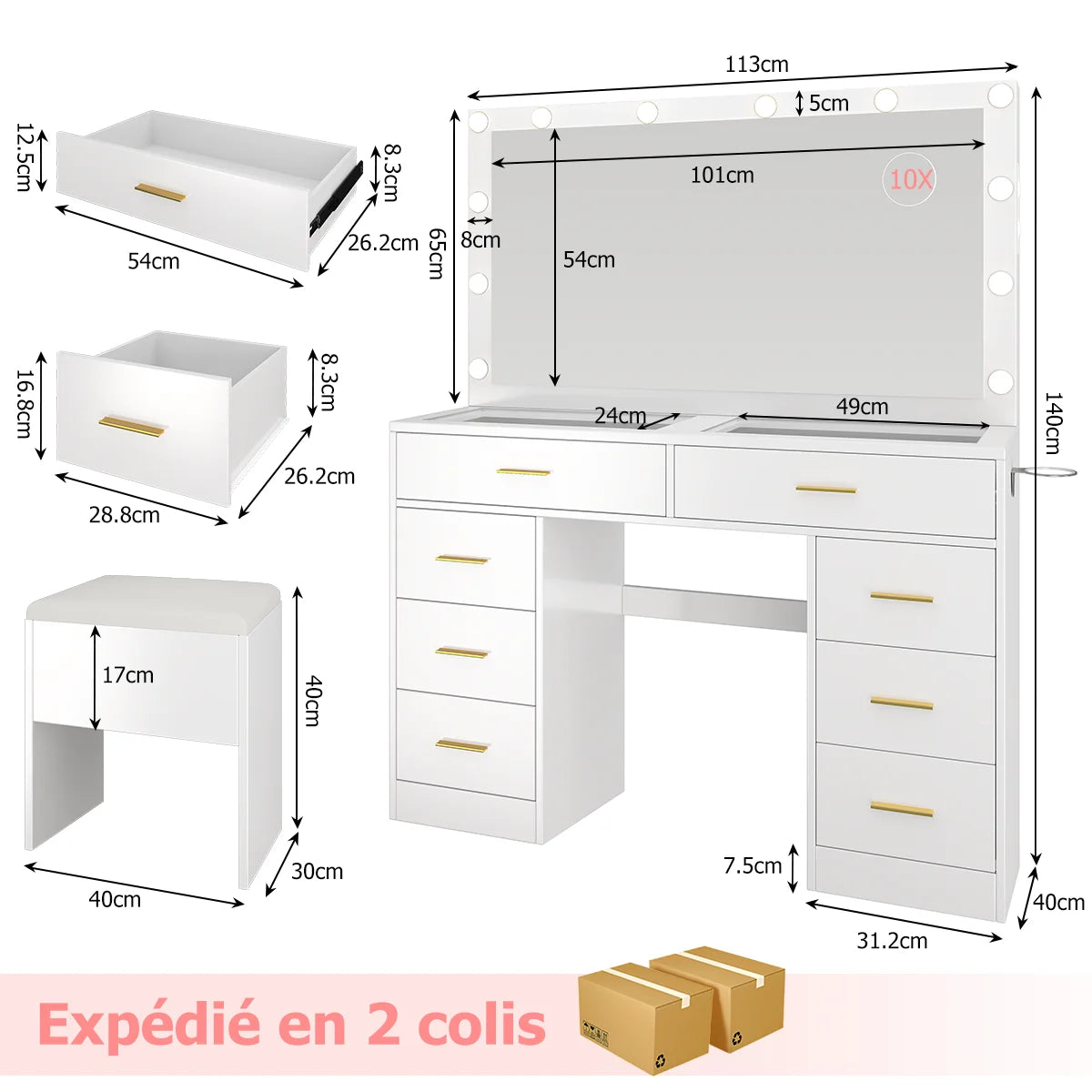 Coiffeuse avec miroir LED réglable et prise intégrée – 7 tiroirs, 110x40 cm, blanche