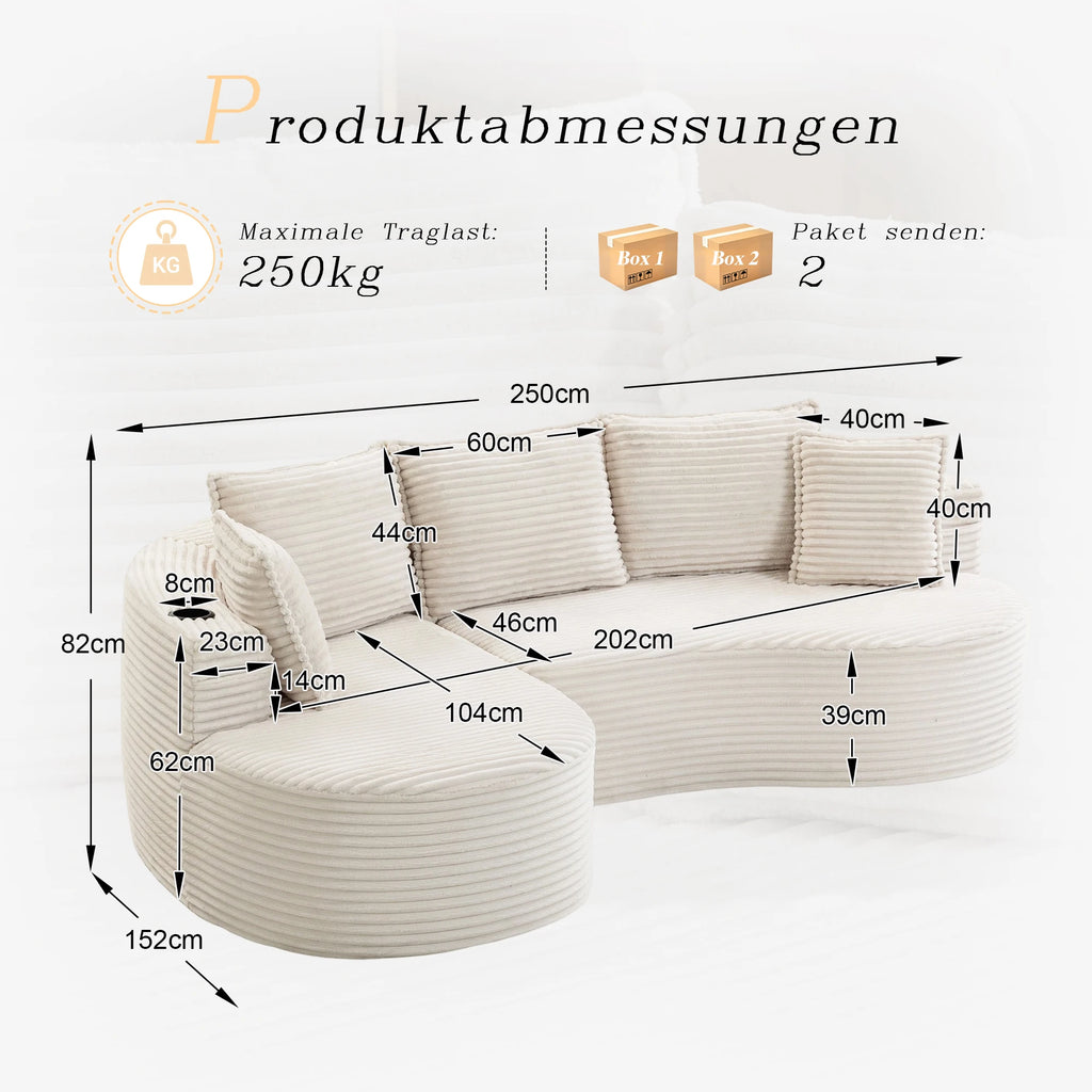 Canapé 3 places 250x152x82 cm – Velours côtelé beige, porte-gobelets, poches latérales, salon et bureau
