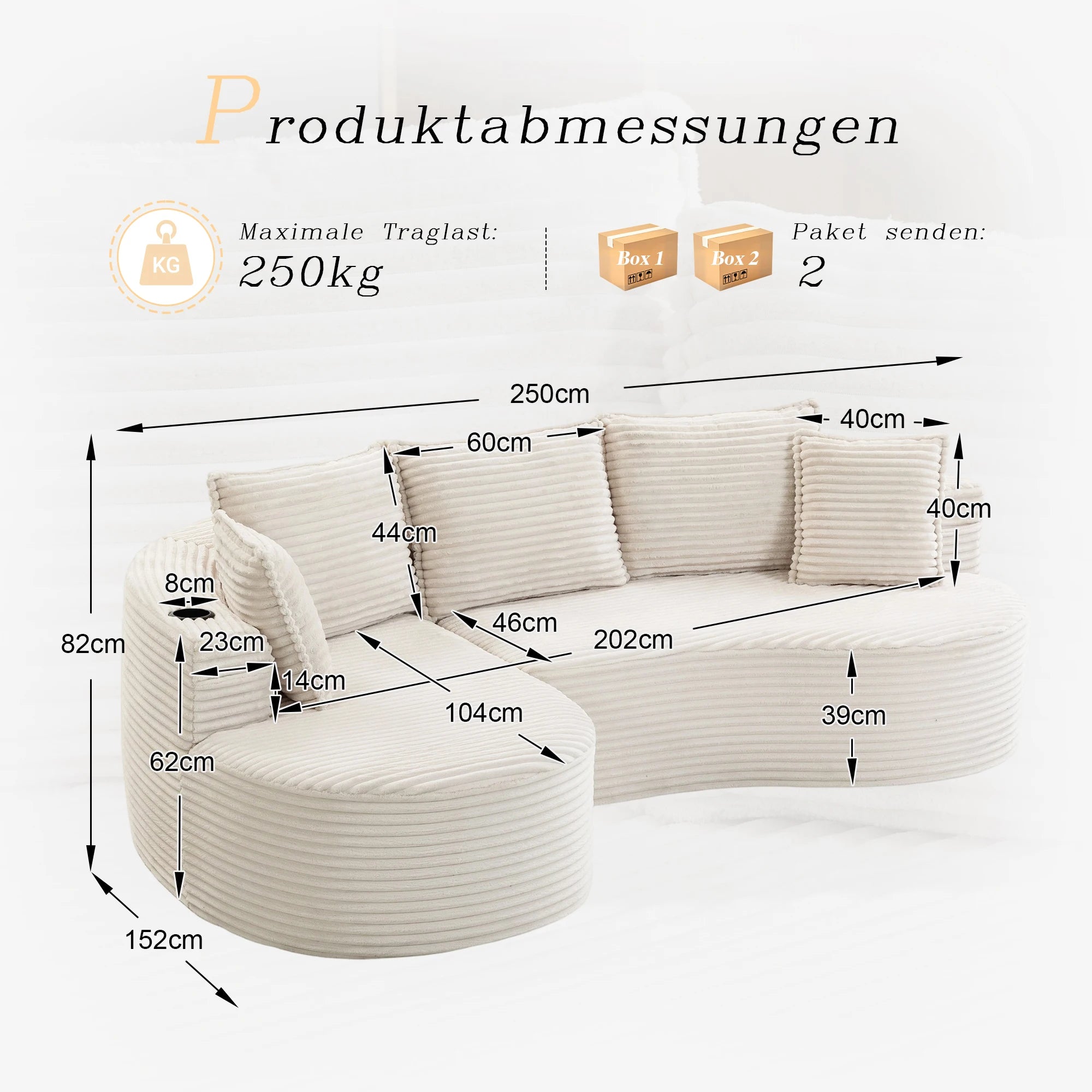 Canapé 3 places 250x152x82 cm – Velours côtelé beige, porte-gobelets, poches latérales, salon et bureau
