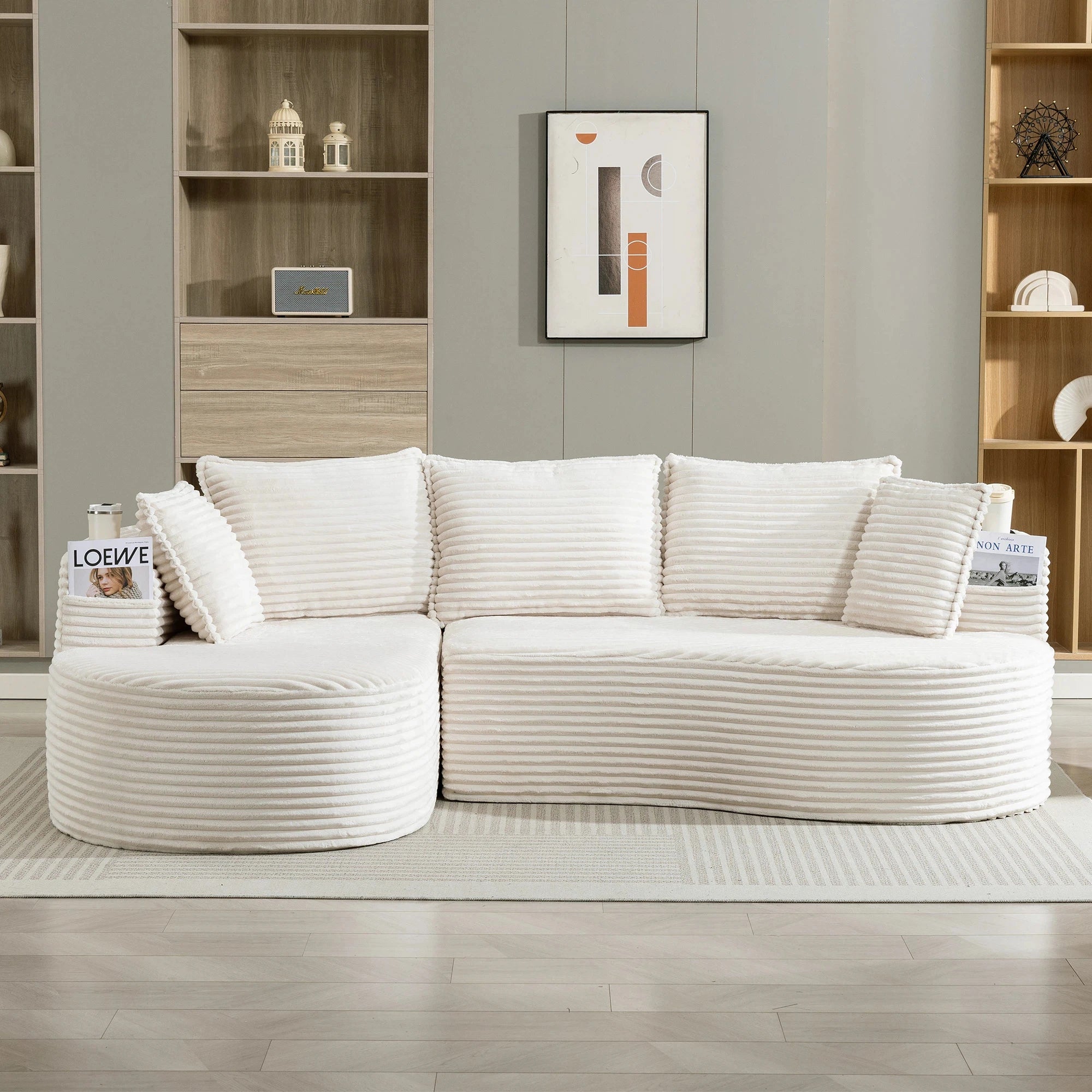 Canapé 3 places 250x152x82 cm – Velours côtelé beige, porte-gobelets, poches latérales, salon et bureau