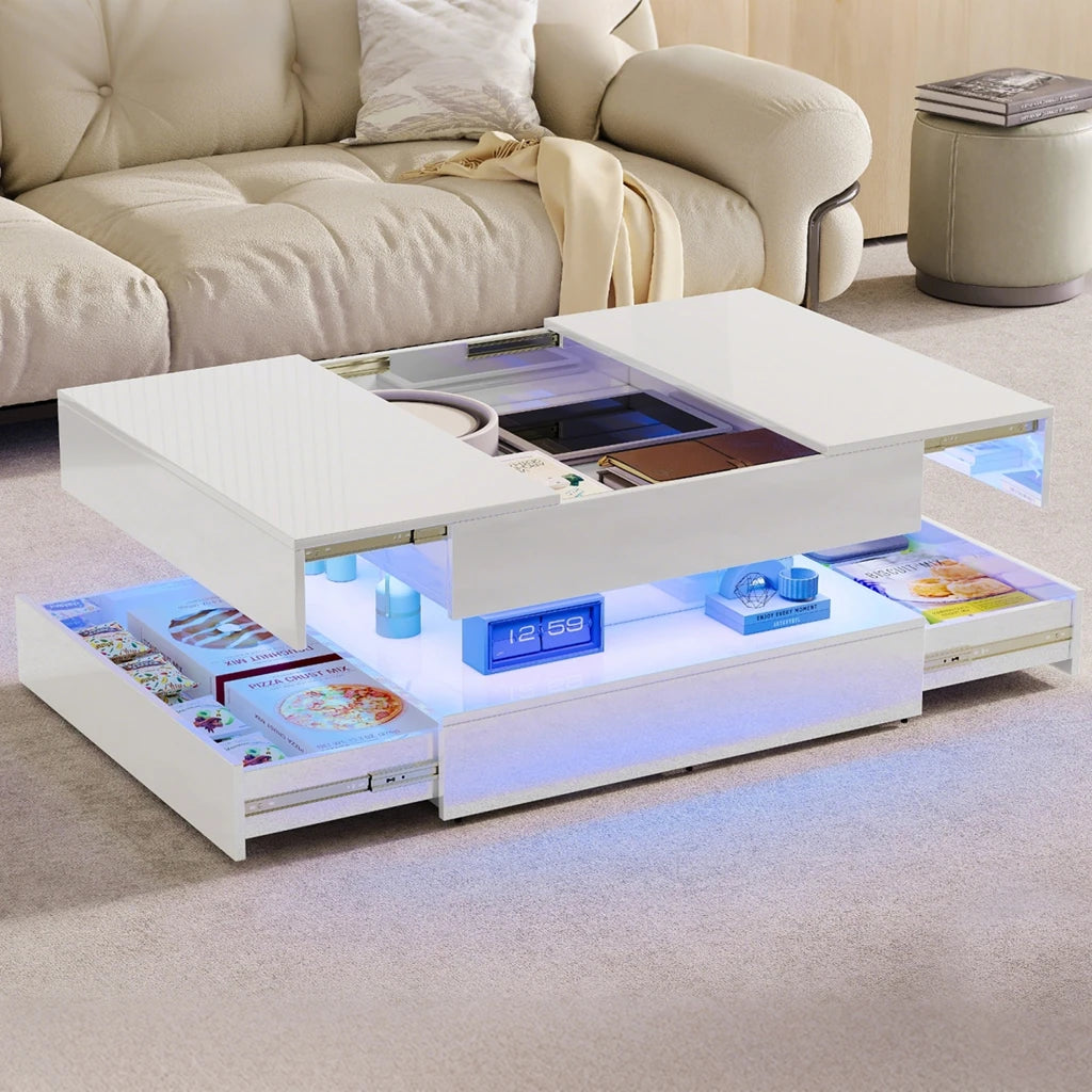 Table basse LED rectangulaire avec 2 tiroirs – Haut brillant, blanc ou noir, pour salon et chambre
