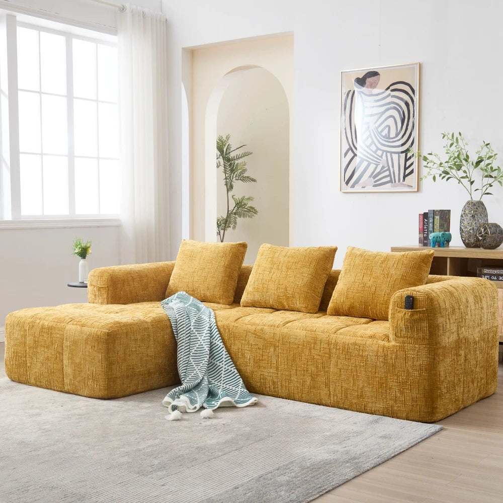 Canapé d'angle 3 places 250x158x60 cm – Chenille jaune, méridienne, accoudoirs, 3 coussins, poche latérale