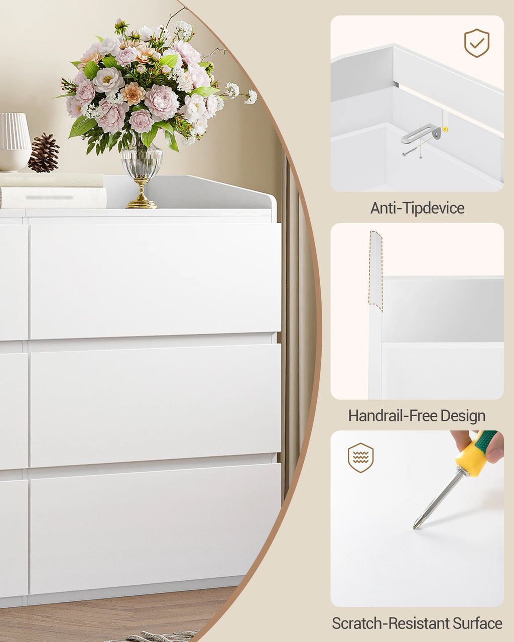 Commode Hzuaneri 6 tiroirs – Meuble de rangement avec plan de travail, style moderne, chambre et salon