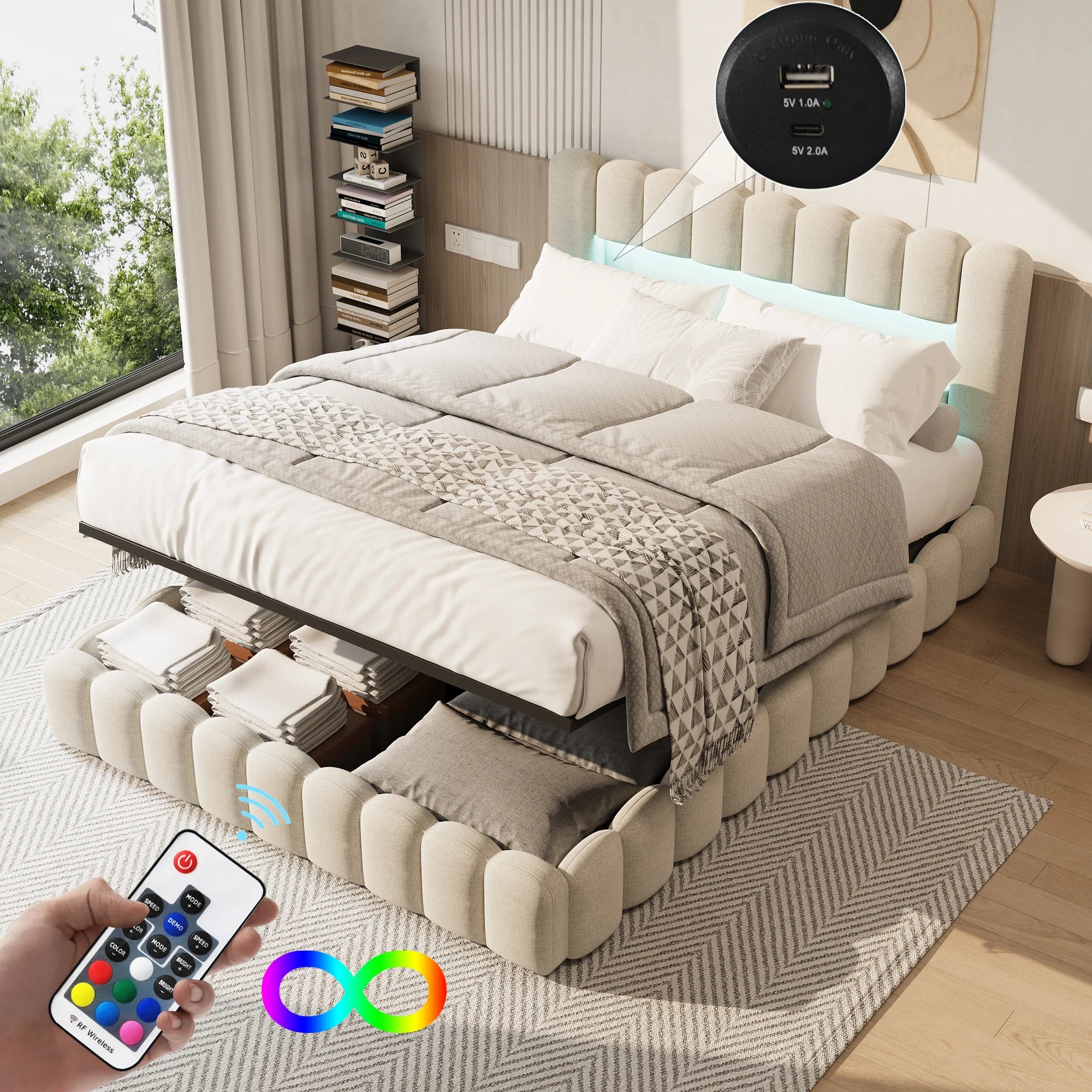 Lit rembourré double avec tête de lit LED et port USB – Matelas non inclus, sommier intégré
