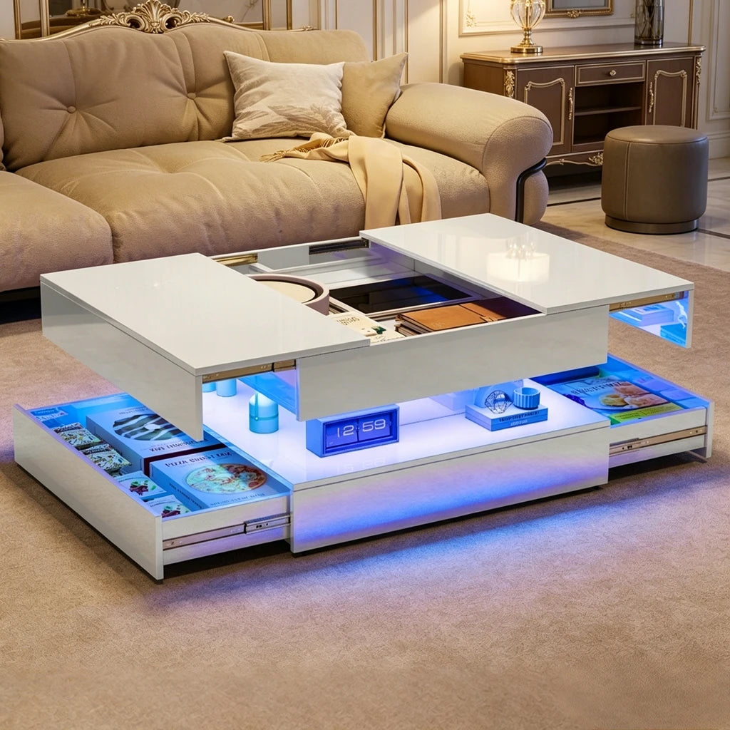 Table basse LED rectangulaire avec 2 tiroirs – Haut brillant, blanc ou noir, pour salon et chambre