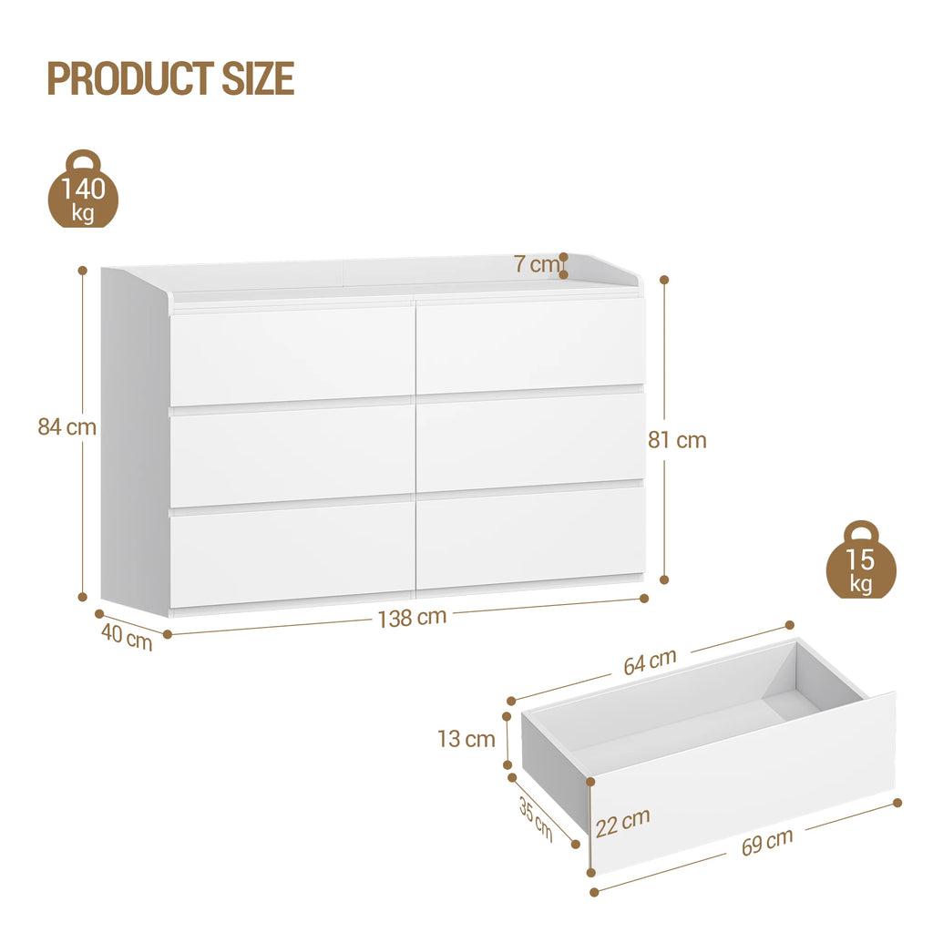 Commode Hzuaneri 6 tiroirs – Meuble de rangement avec plan de travail, style moderne, chambre et salon
