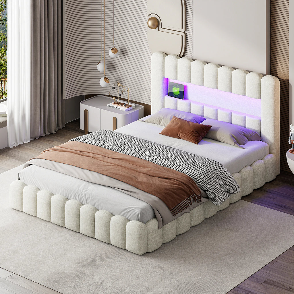 Lit rembourré double avec tête de lit LED et port USB – Matelas non inclus, sommier intégré