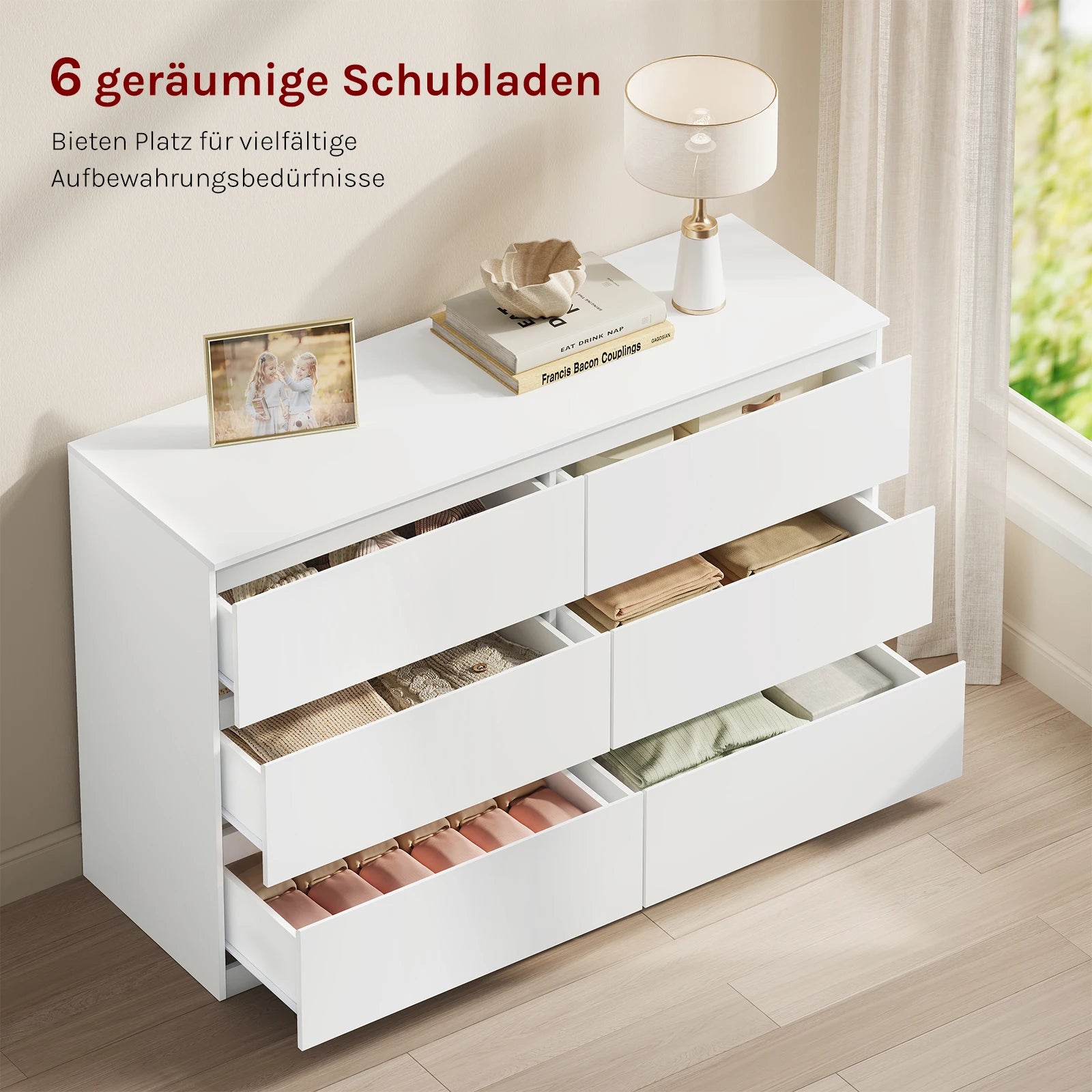 Commode moderne 6 tiroirs WOLTU – 120x40x75 cm, pour salon, chambre et couloir