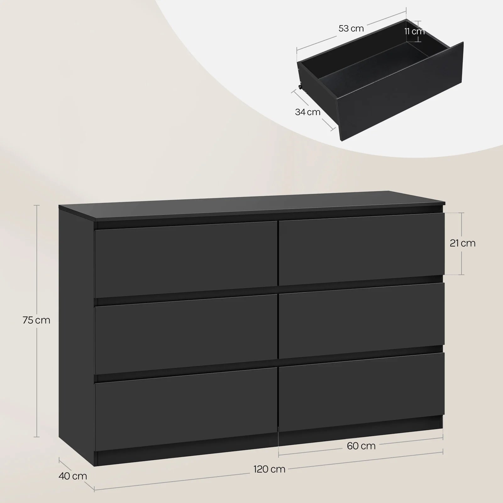Commode moderne 6 tiroirs WOLTU – 120x40x75 cm, pour salon, chambre et couloir