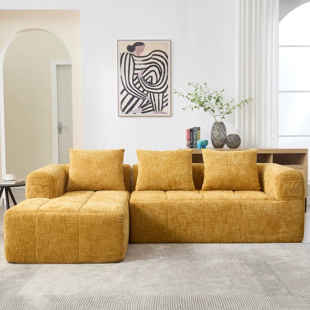 Canapé d'angle 3 places 250x158x60 cm – Chenille jaune, méridienne, accoudoirs, 3 coussins, poche latérale
