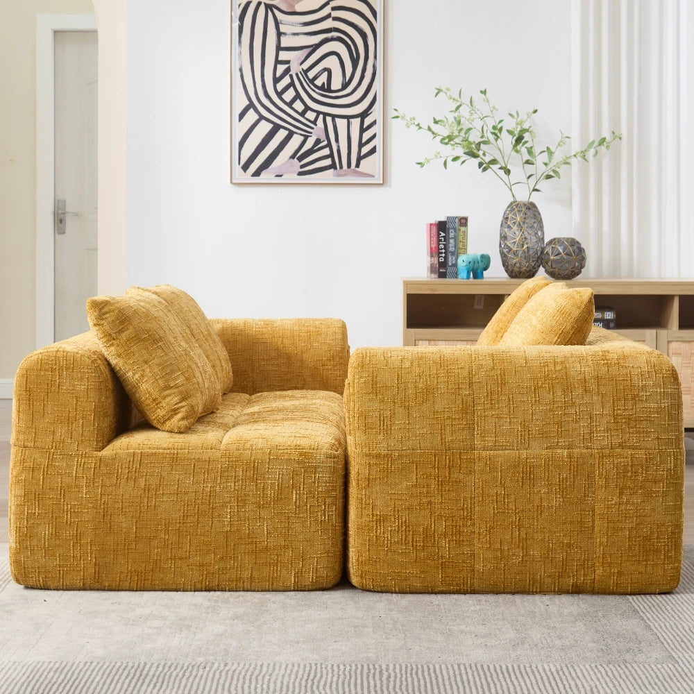 Canapé d'angle 3 places 250x158x60 cm – Chenille jaune, méridienne, accoudoirs, 3 coussins, poche latérale
