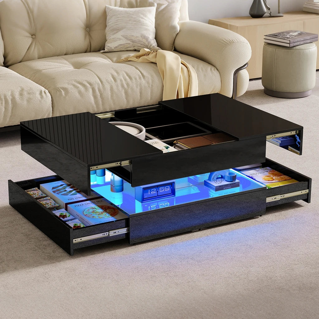 Table basse LED rectangulaire avec 2 tiroirs – Haut brillant, blanc ou noir, pour salon et chambre