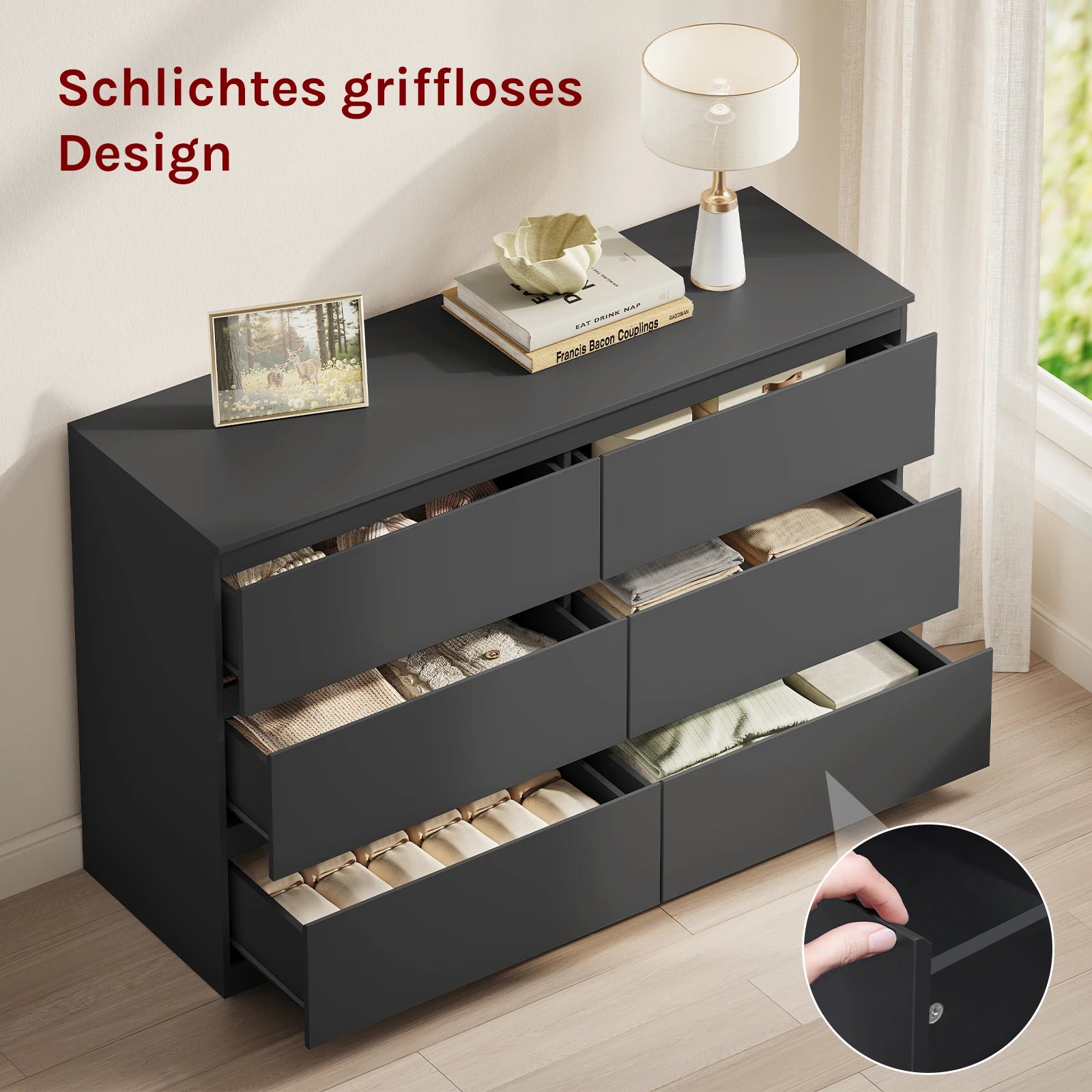 Commode moderne 6 tiroirs WOLTU – 120x40x75 cm, pour salon, chambre et couloir