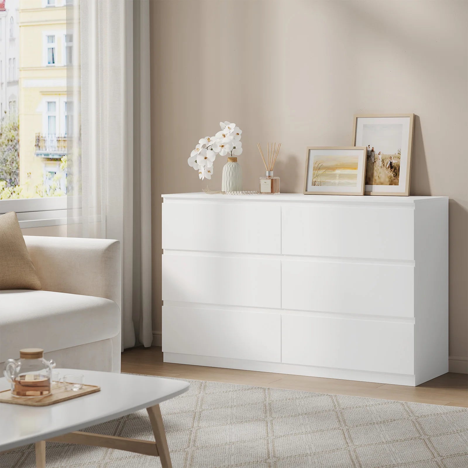 Commode moderne 6 tiroirs WOLTU – 120x40x75 cm, pour salon, chambre et couloir