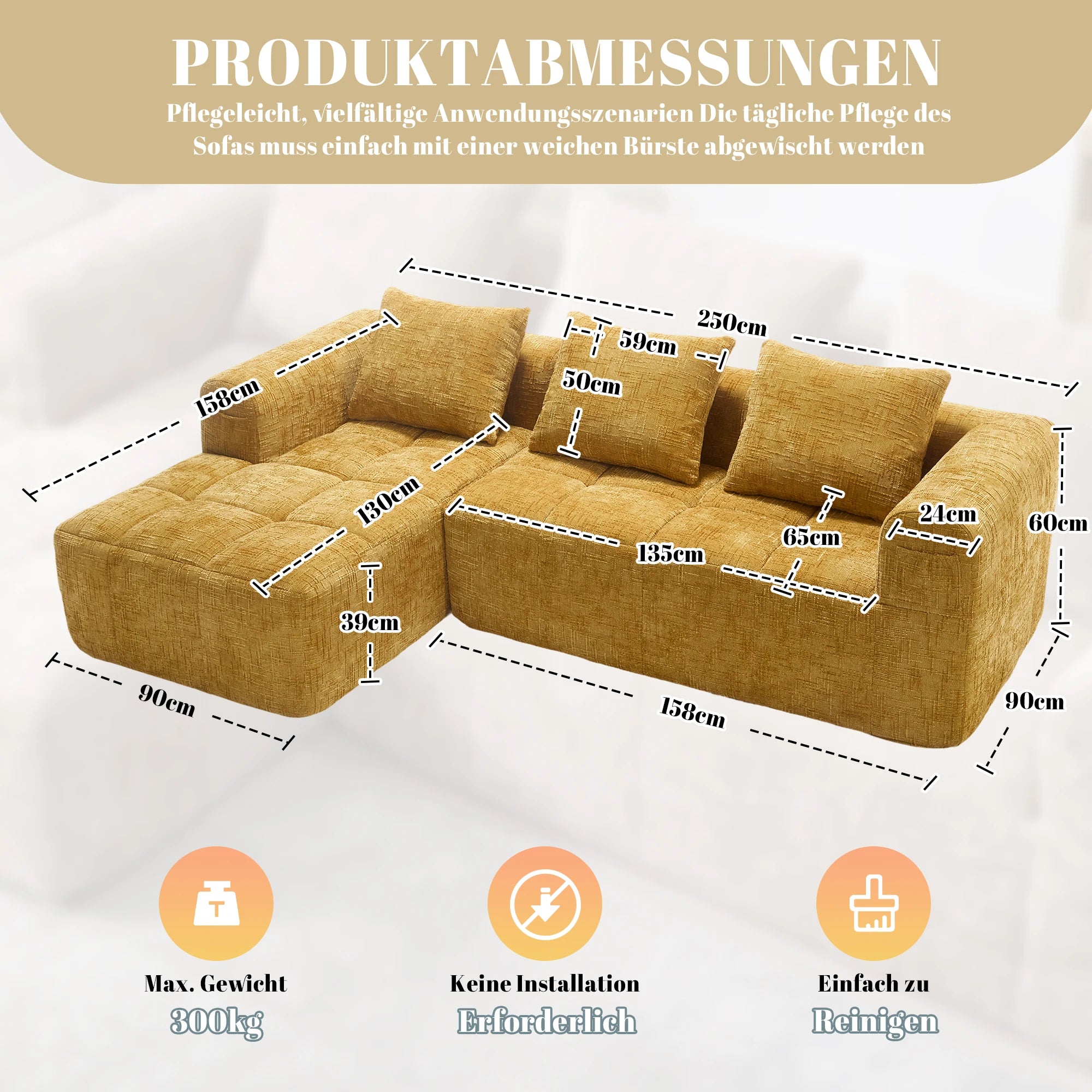 Canapé d'angle 3 places 250x158x60 cm – Chenille jaune, méridienne, accoudoirs, 3 coussins, poche latérale