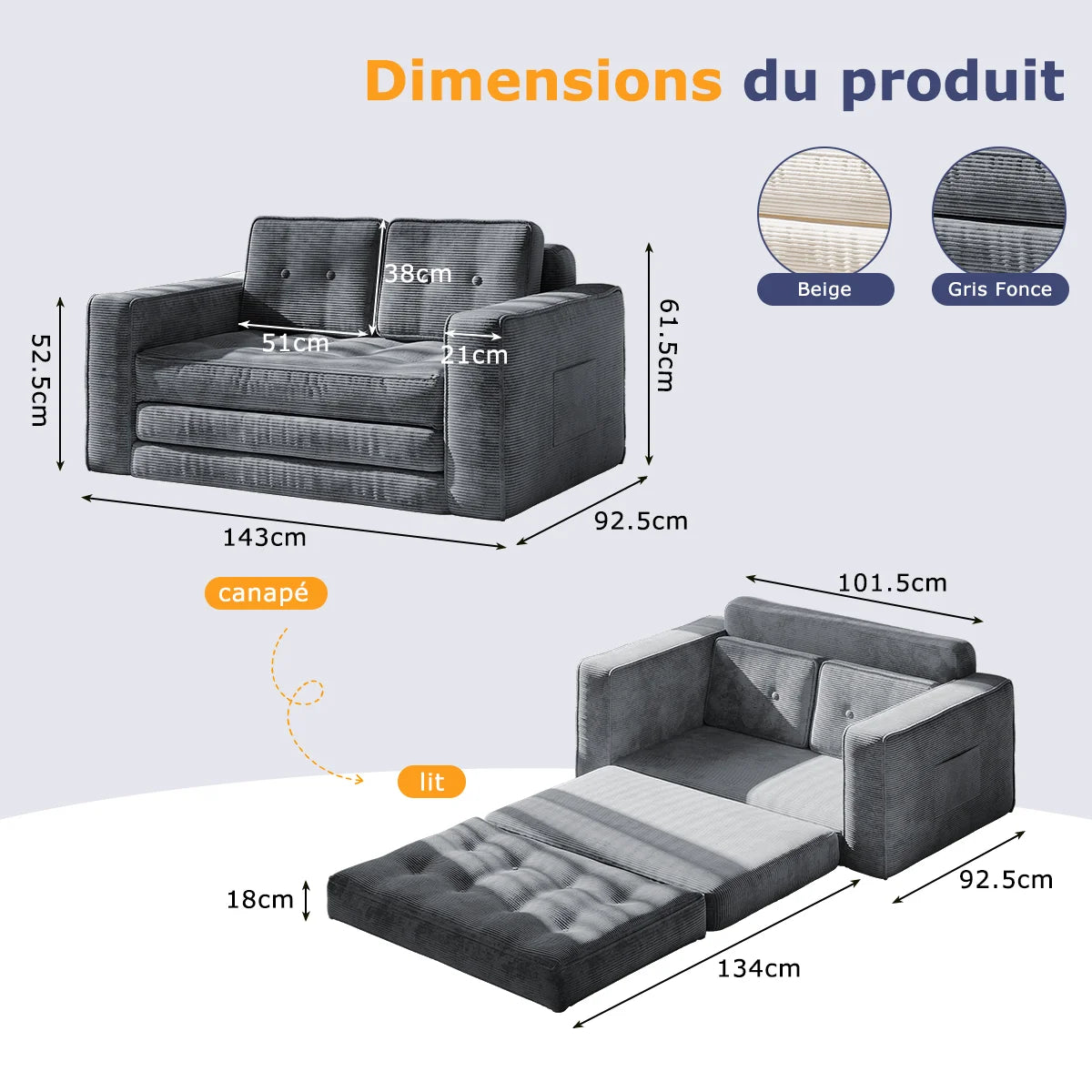 Canapé-lit convertible pliable – Avec oreillers, matelas et dossier, fauteuil lit portable pour salon et chambre