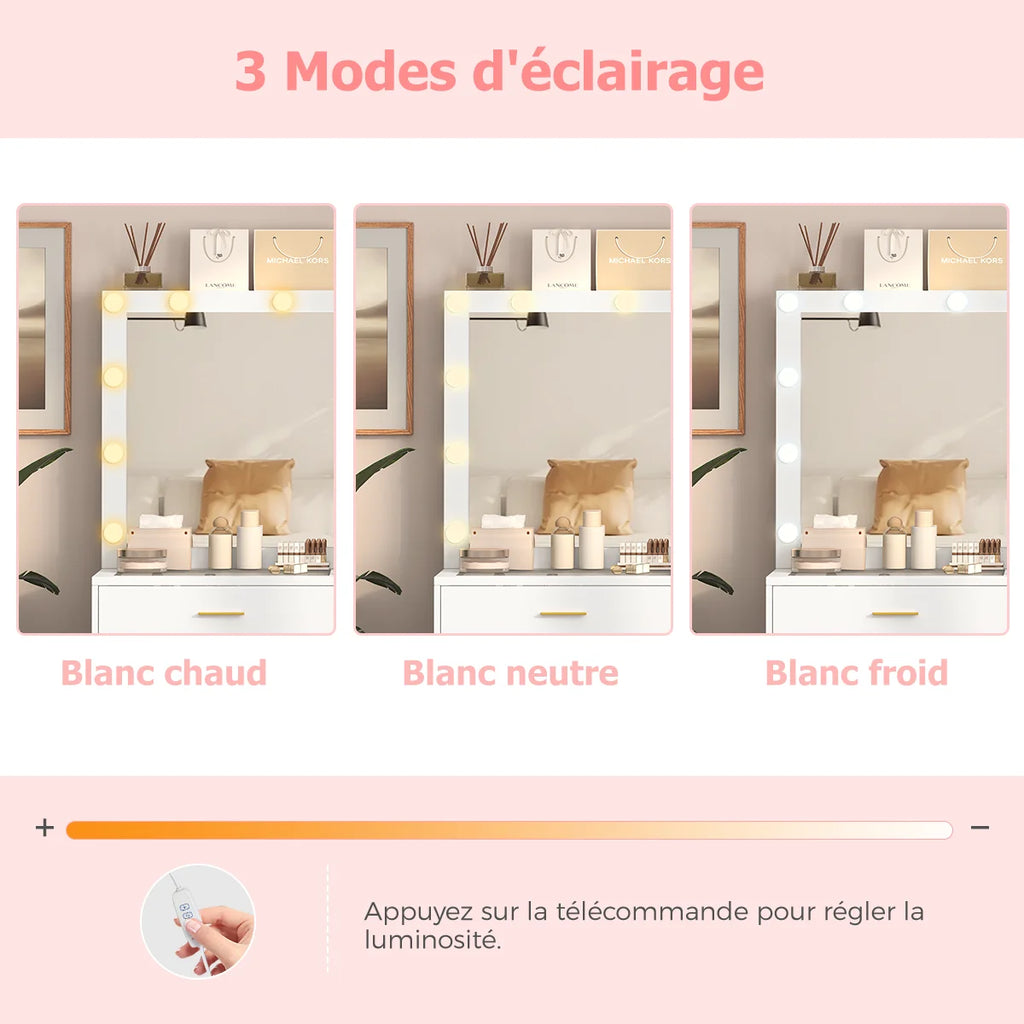 Coiffeuse avec miroir LED réglable et prise intégrée – 7 tiroirs, 110x40 cm, blanche