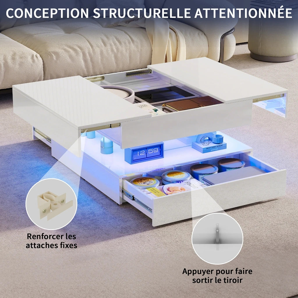 Table basse LED rectangulaire avec 2 tiroirs – Haut brillant, blanc ou noir, pour salon et chambre