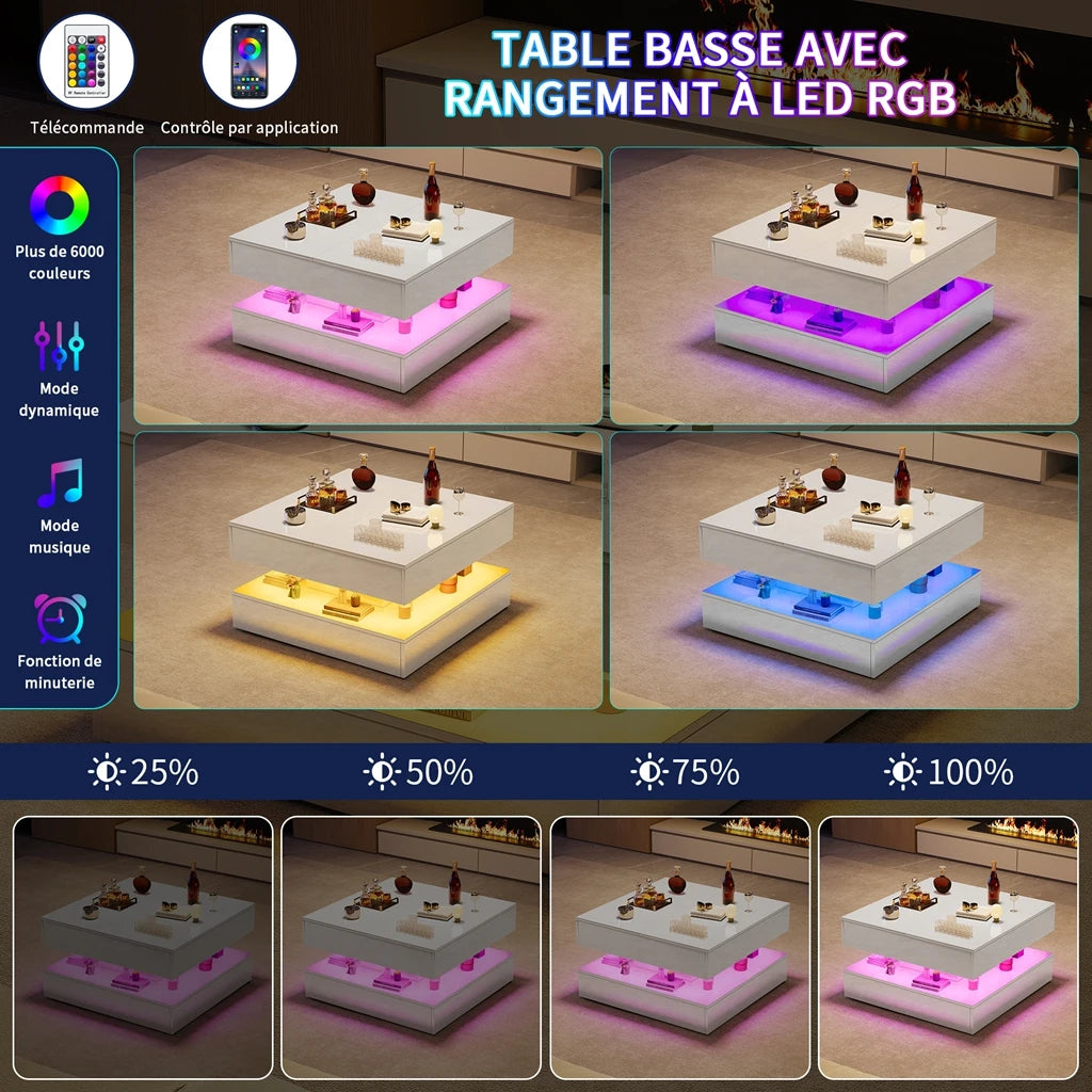 Table basse LED rectangulaire avec 2 tiroirs – Haut brillant, blanc ou noir, pour salon et chambre