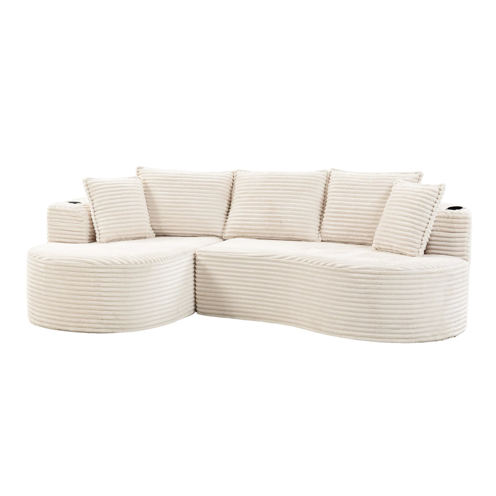 Canapé 3 places 250x152x82 cm – Velours côtelé beige, porte-gobelets, poches latérales, salon et bureau