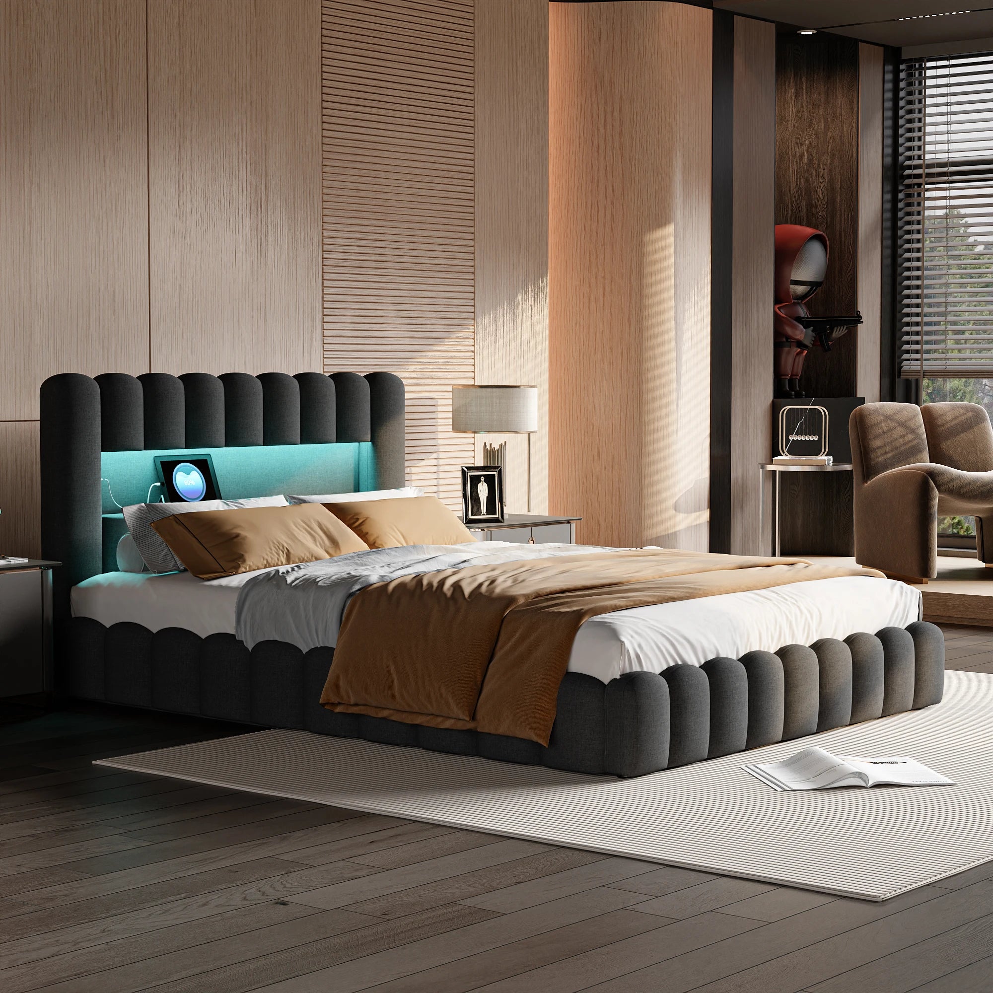 Lit rembourré double avec tête de lit LED et port USB – Matelas non inclus, sommier intégré