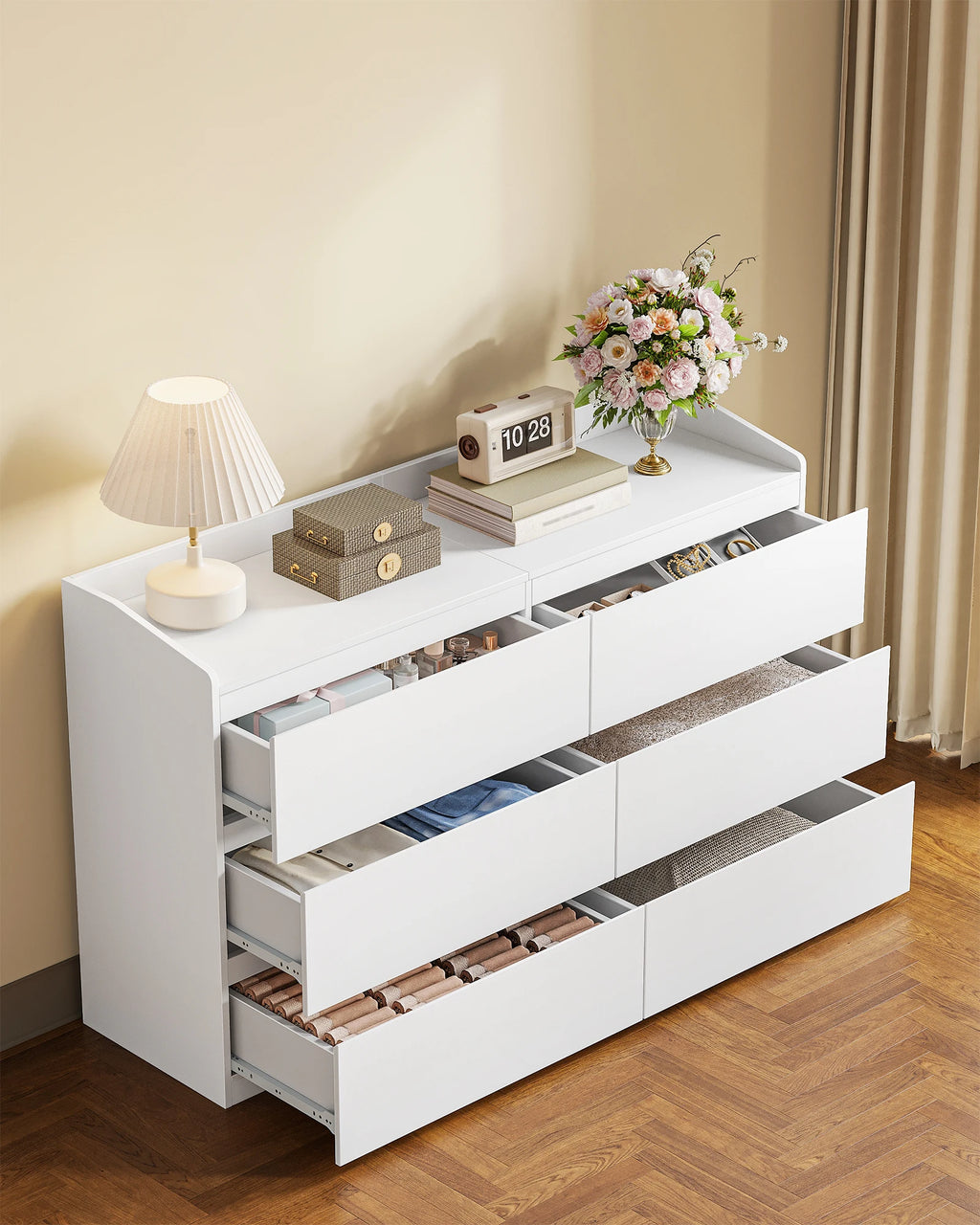 Commode Hzuaneri 6 tiroirs – Meuble de rangement avec plan de travail, style moderne, chambre et salon