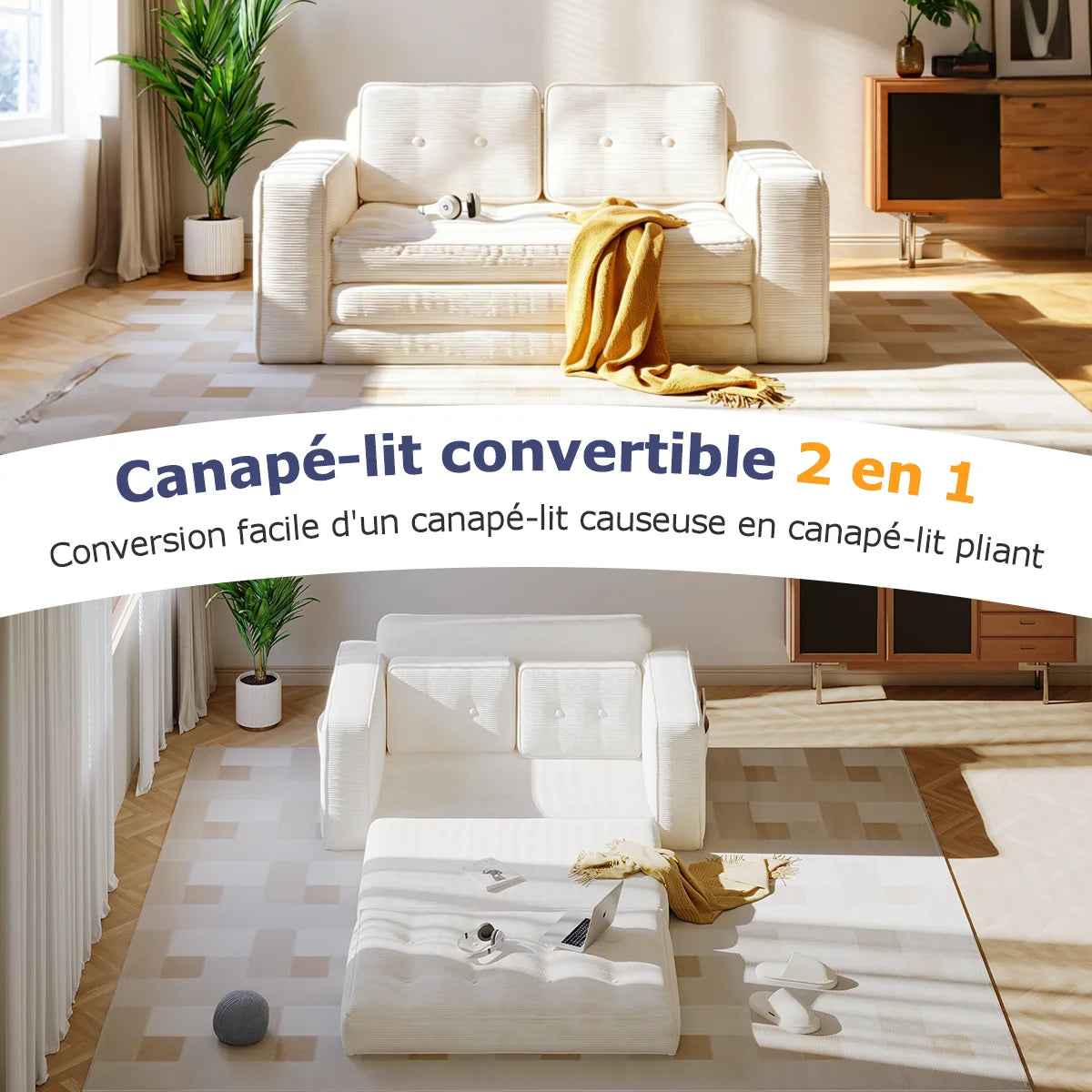 Canapé-lit convertible pliable – Avec oreillers, matelas et dossier, fauteuil lit portable pour salon et chambre