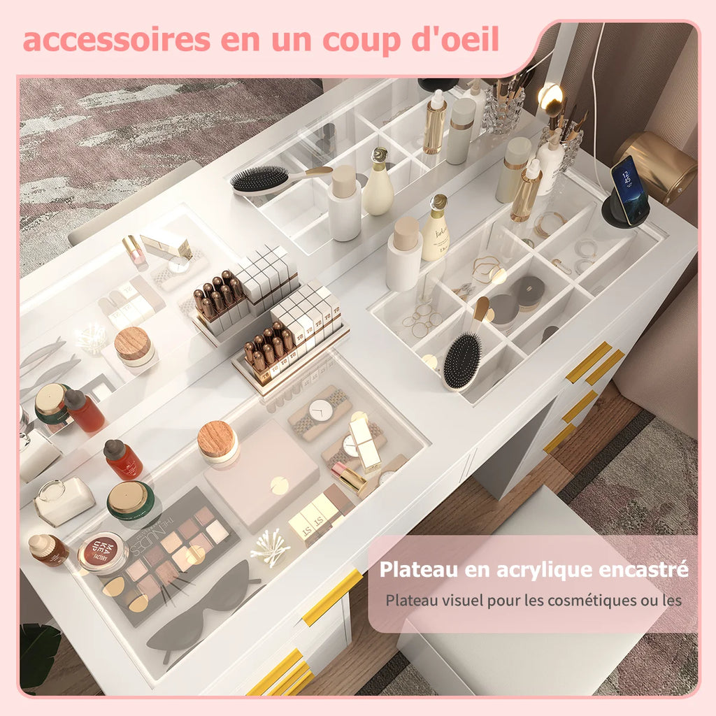 Coiffeuse avec miroir LED réglable et prise intégrée – 7 tiroirs, 110x40 cm, blanche