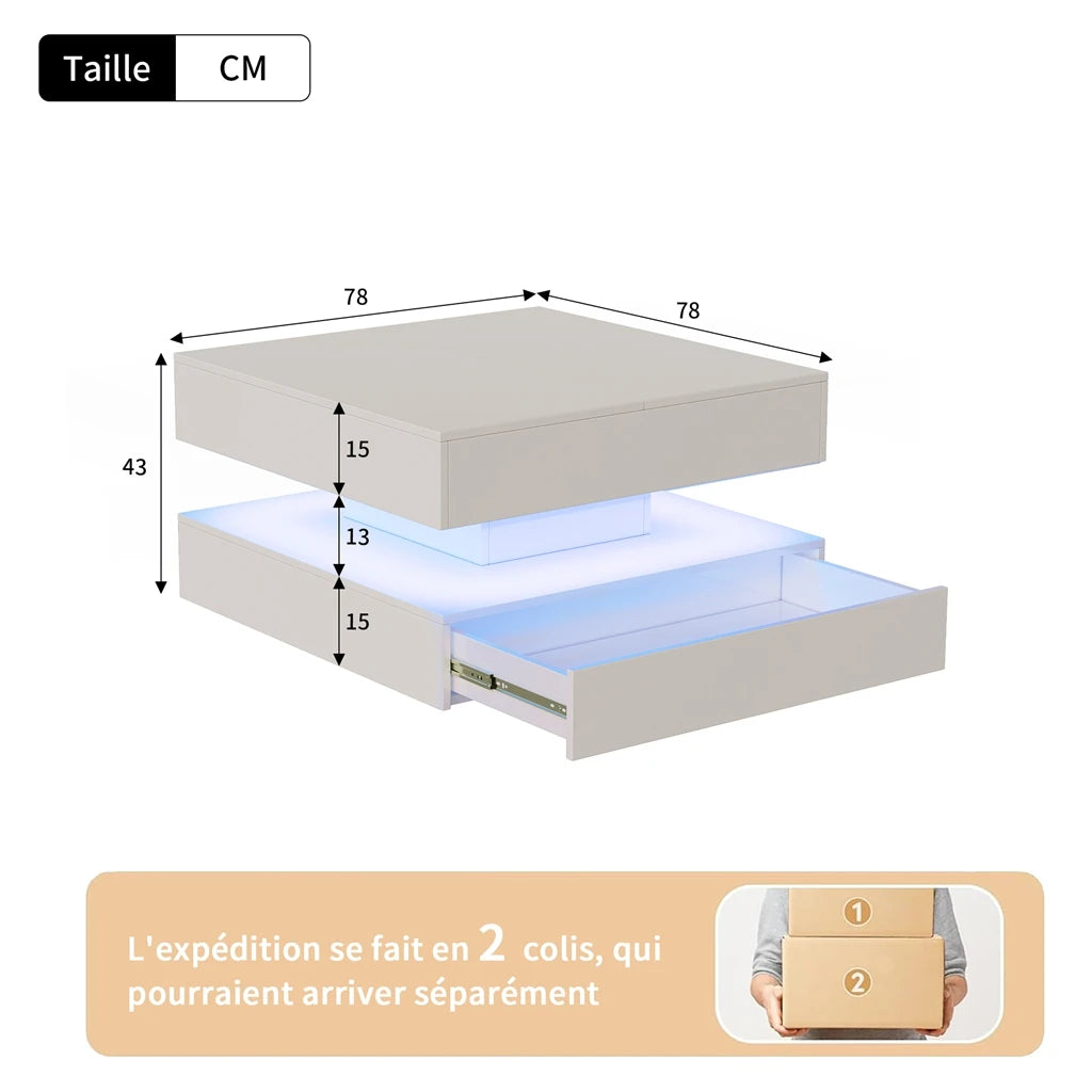 Table basse LED rectangulaire avec 2 tiroirs – Haut brillant, blanc ou noir, pour salon et chambre