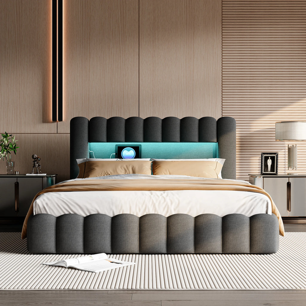 Lit rembourré double avec tête de lit LED et port USB – Matelas non inclus, sommier intégré
