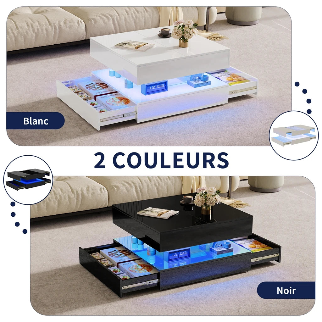 Table basse LED rectangulaire avec 2 tiroirs – Haut brillant, blanc ou noir, pour salon et chambre