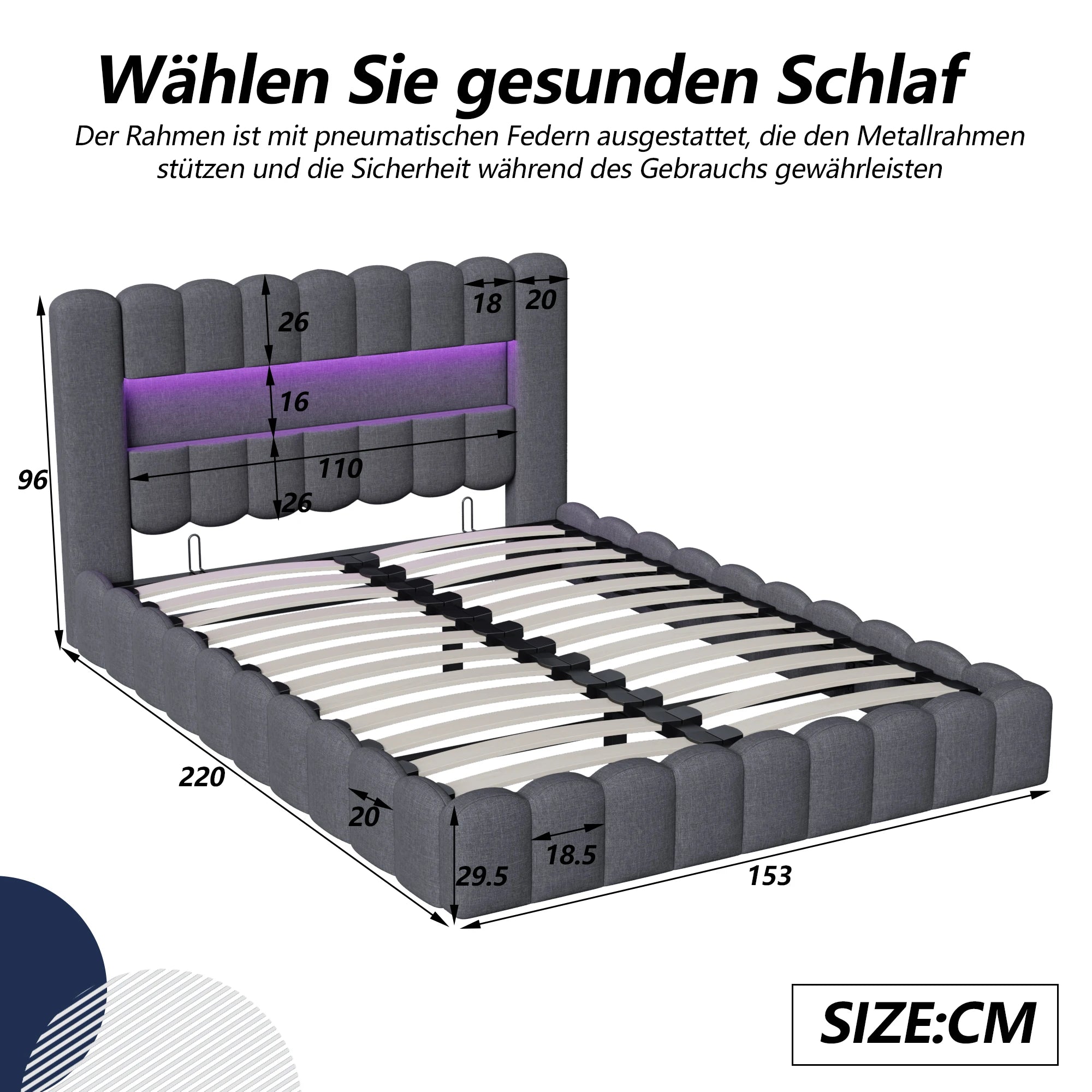 Lit rembourré double avec tête de lit LED et port USB – Matelas non inclus, sommier intégré