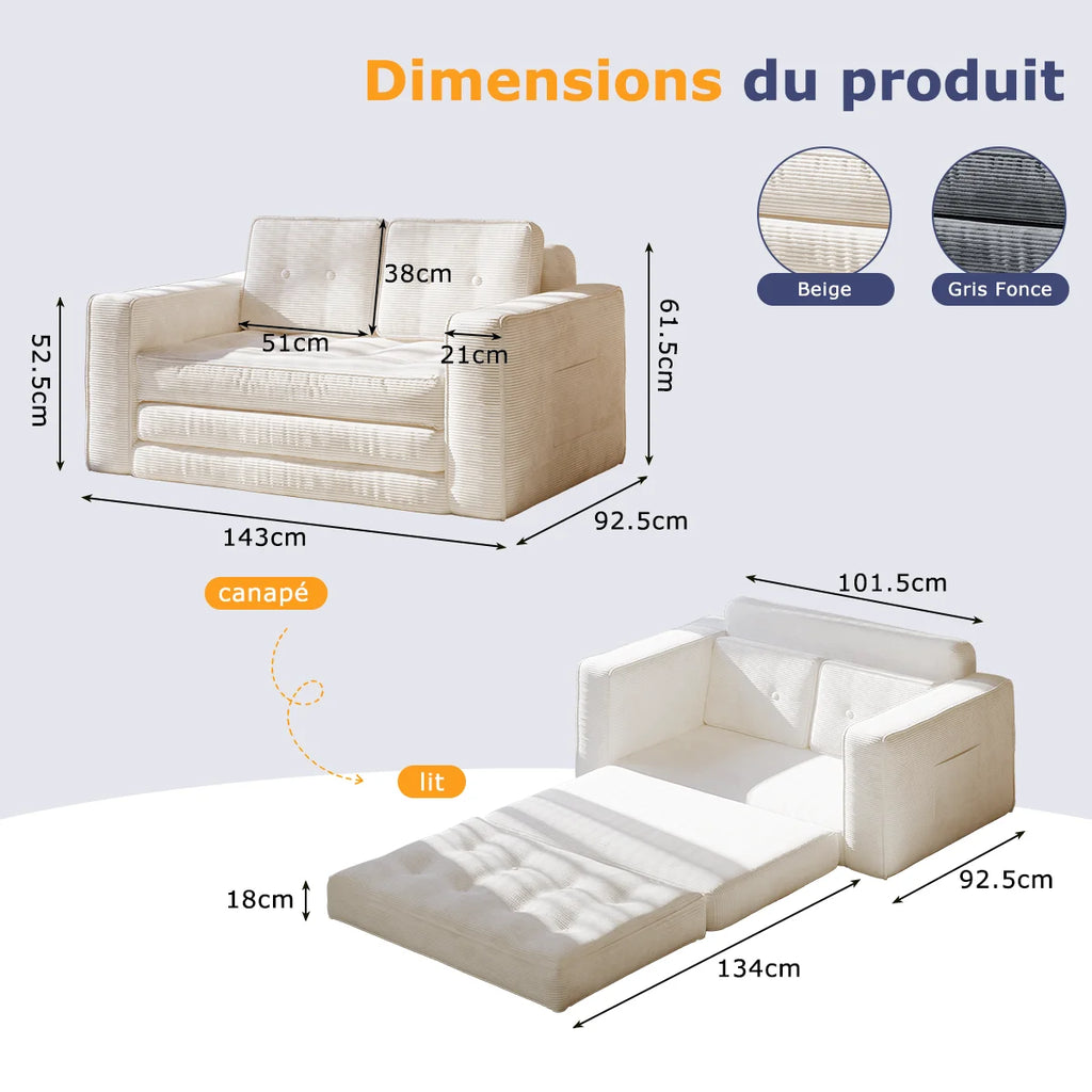 Canapé-lit convertible pliable – Avec oreillers, matelas et dossier, fauteuil lit portable pour salon et chambre