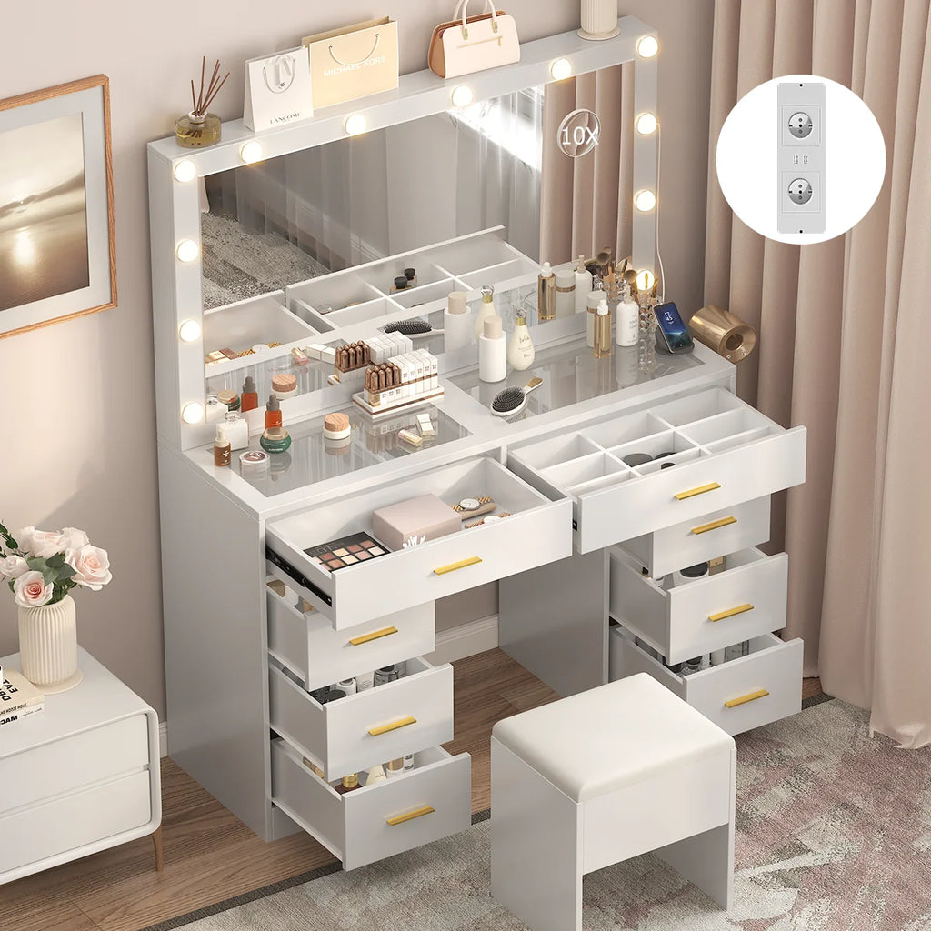 Coiffeuse avec miroir LED réglable et prise intégrée – 7 tiroirs, 110x40 cm, blanche
