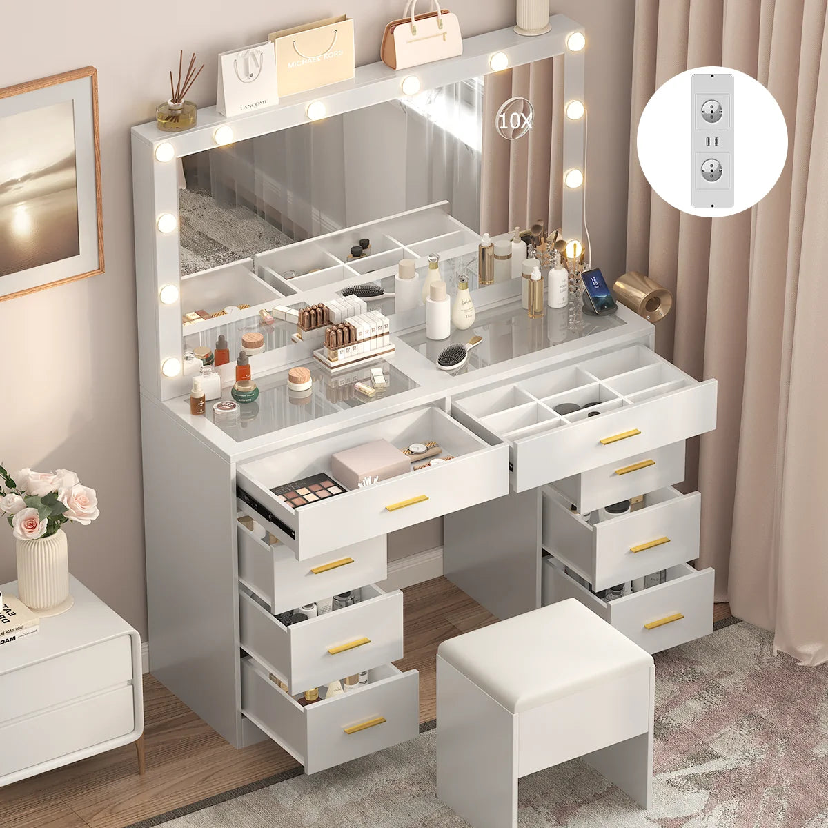 Coiffeuse avec miroir LED réglable et prise intégrée – 7 tiroirs, 110x40 cm, blanche