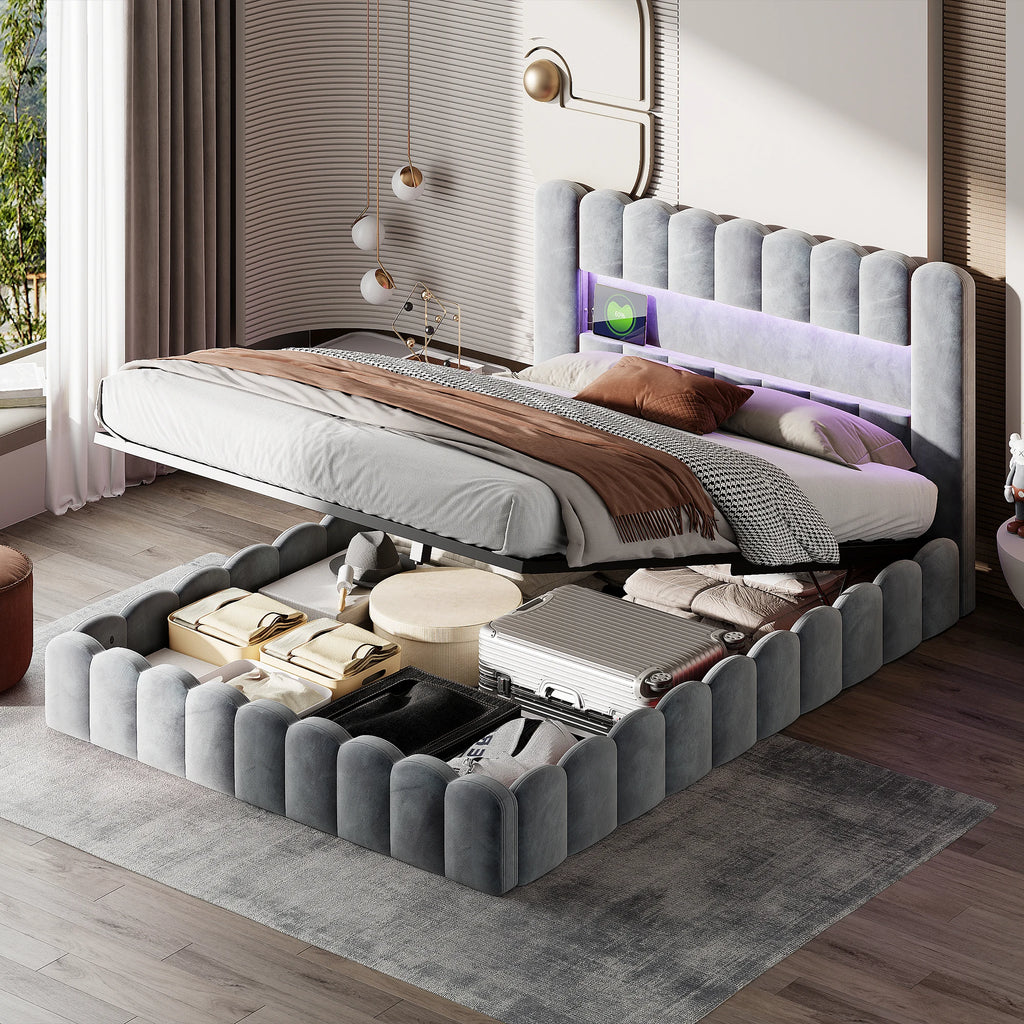 Lit rembourré double avec tête de lit LED et port USB – Matelas non inclus, sommier intégré