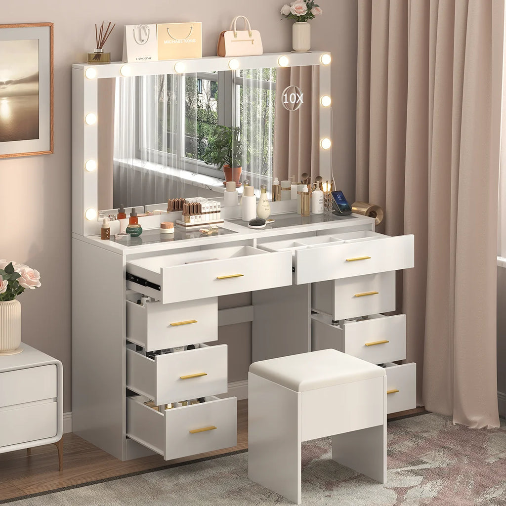 Coiffeuse avec miroir LED réglable et prise intégrée – 7 tiroirs, 110x40 cm, blanche